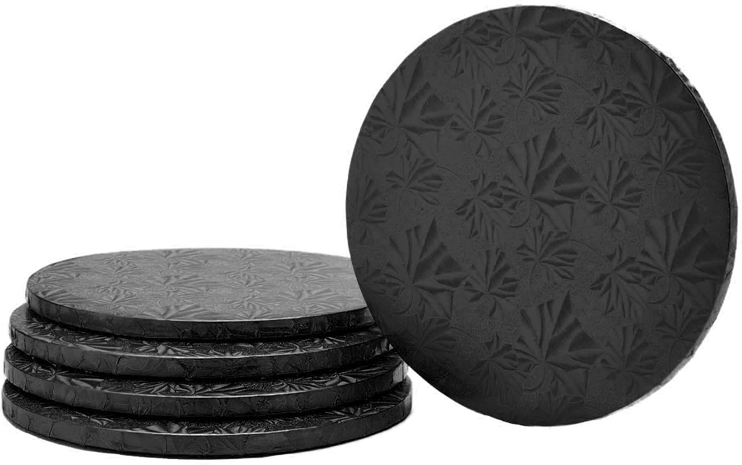 Dulcet Delights Round Cake Drum | Decorative Cake Board for Cakes, Desserts, Pizza & More | Food Safe | Grease Proof | Reusable | 14” Diameter x ½” Thick | Black | Set of 5