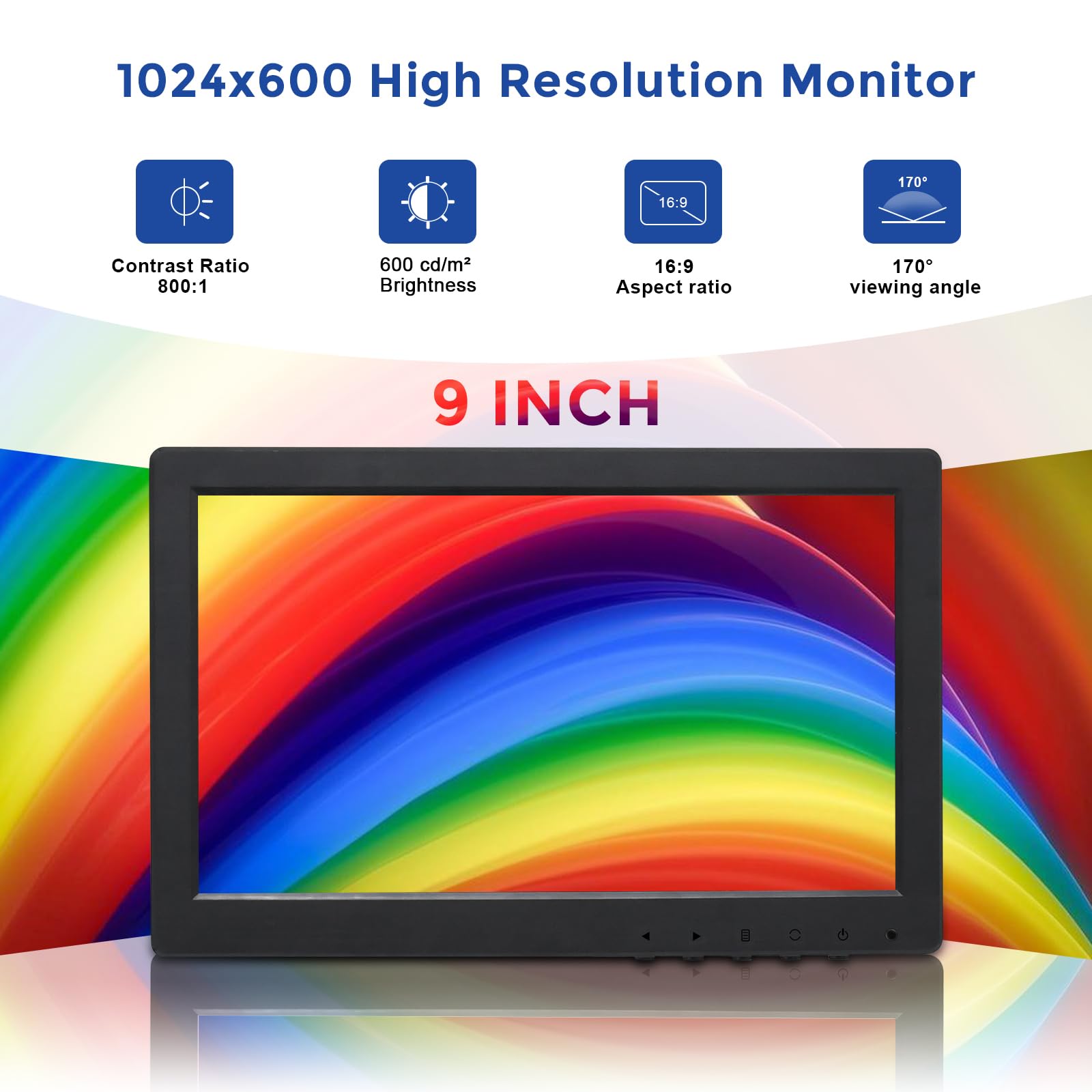 OSCY 9 Inch Small Monitor, 1024x600 16:9 Computer Monitor Support HDMI/VGA/AV/BNC with Remote Control & Built-in Speakers, Monitor for PC, Laptop, TV, Raspi, CCTV, DSLR, U-Disk, Car