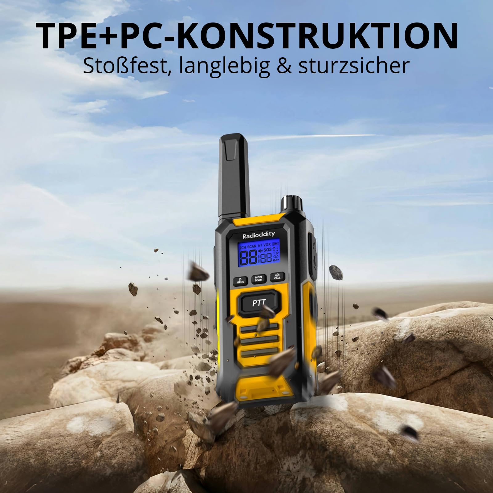 Radioddity HD-1 Funkgerät Set, Walkie Talkie wasserdicht IP67, Robuste PMR, staubdicht stoßfest mit EIN-Tasten-Gruppenruf, Vibrationsalarm, SOS, Dual PTT, Basis- und USB-C-Ladung (2 Stück, gelb)