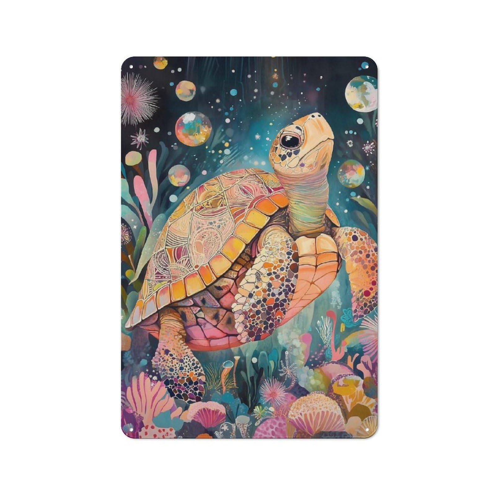 Junmoney Colorful Sea Turtle In Ocean Art For Garden Room Or Summerhouse, Rustic Tin Sign 30X20cm, Wall Decor For Garden Rooms And Summerhouses