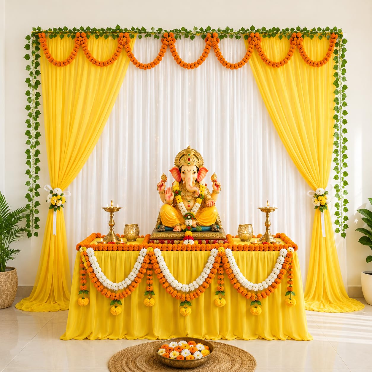 Decoration Item for Home | Ganesh Chaturthi Decoration Kit with 2 Yellow 1 White Net Curtain, Marigold Garlands, Money Plant Vines for Pooja Backdrop Decor, Haldi Mahendi Celebration-image-6