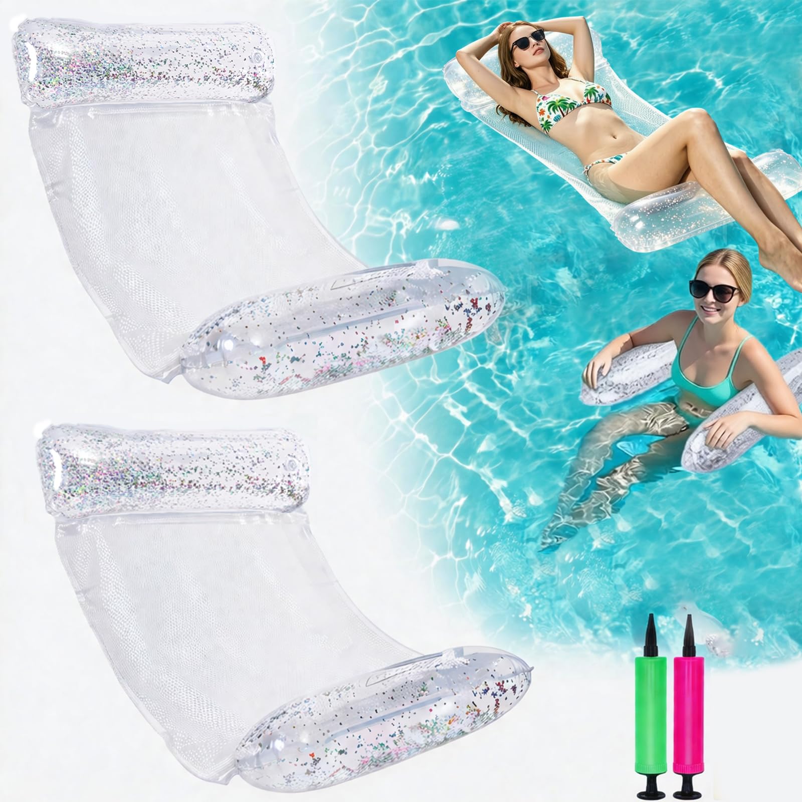 CYFIE 2 Stück Aufblasbare Wasserhängematte Erwachsene, 4-in-1 Luftmatratze Pool Wasser Hängematte Lounge Loungesessel Wasser Hängematte mit Netz, Pool Wasserhängematte Schwimmmatte