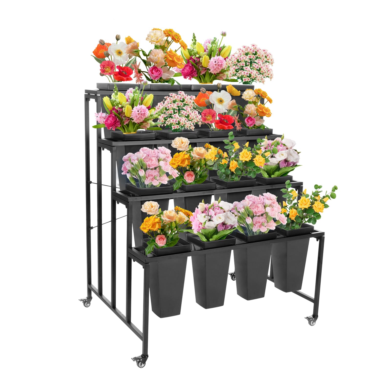 Présentoir à fleurs robuste en acier noir avec 16 seaux pour terrasses