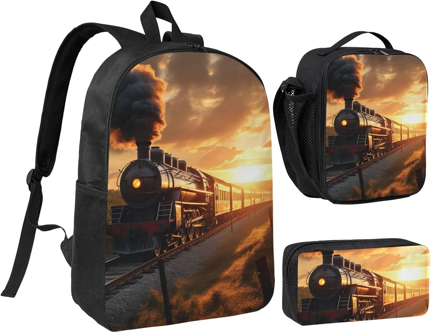 Steam Train print Backpack 3pcs Set Including 17 Inch Large BookBag With Lunch Bag And Practical Pen Bag