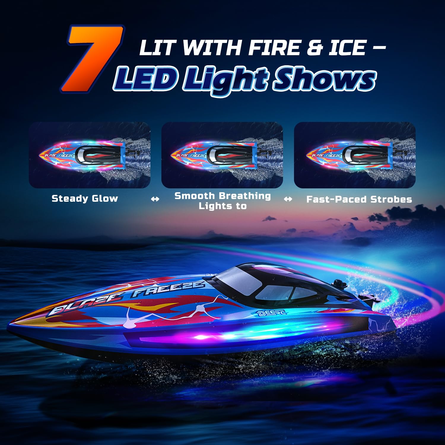 DEERC Bateau télécommandé Rapide pour Piscine et lac avec éclairage LED, 20+MPH, 40+ Mins, Bateau de Course télécommandé à redressement Automatique pour Enfants, Jouet Aquatique d'été 2,4 GHz