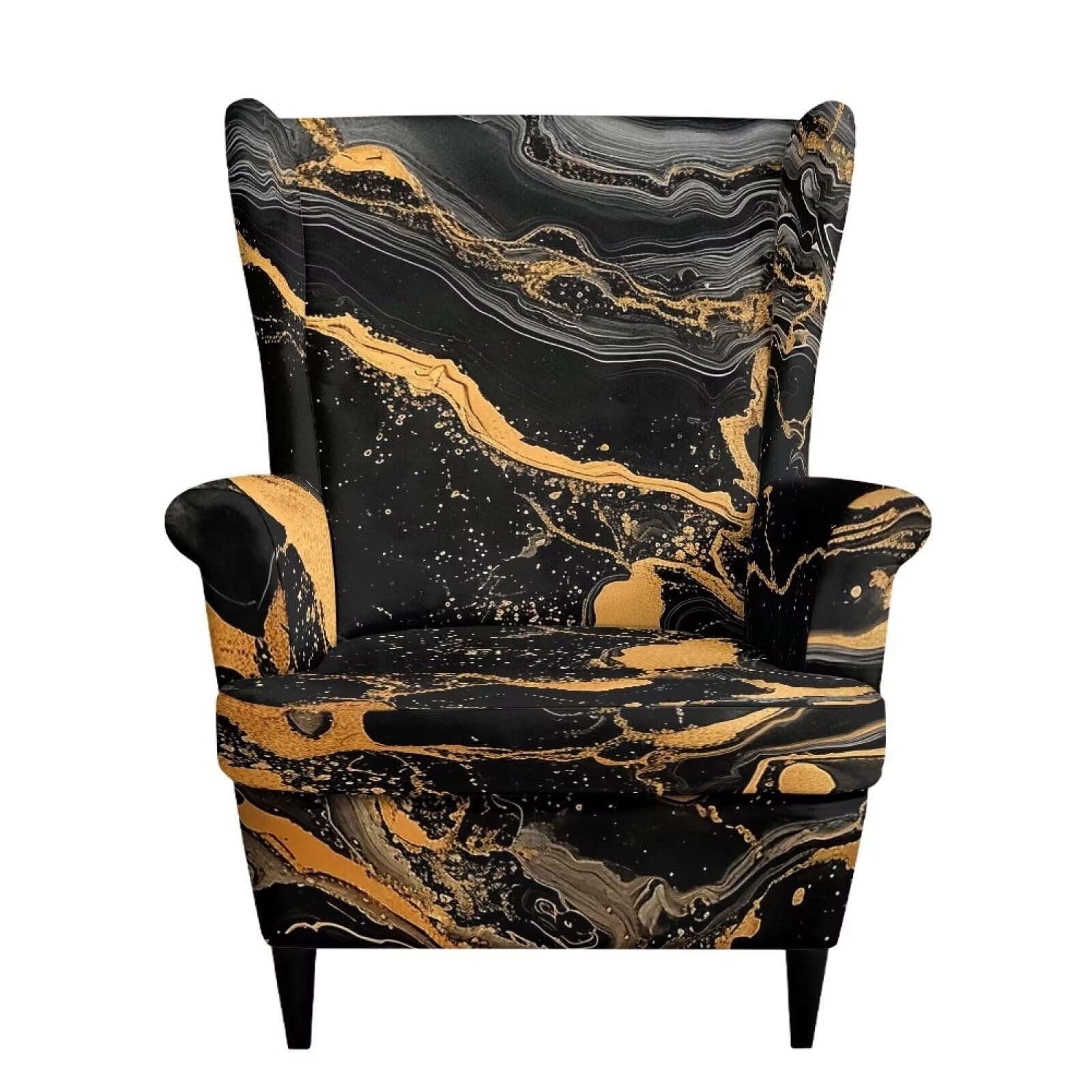 Xoenoiee Fundas elásticas para sillas con respaldo de alas con estampado de mármol negro, 2 piezas, funda lavable para sillones, protector de muebles antideslizante para sala de estar