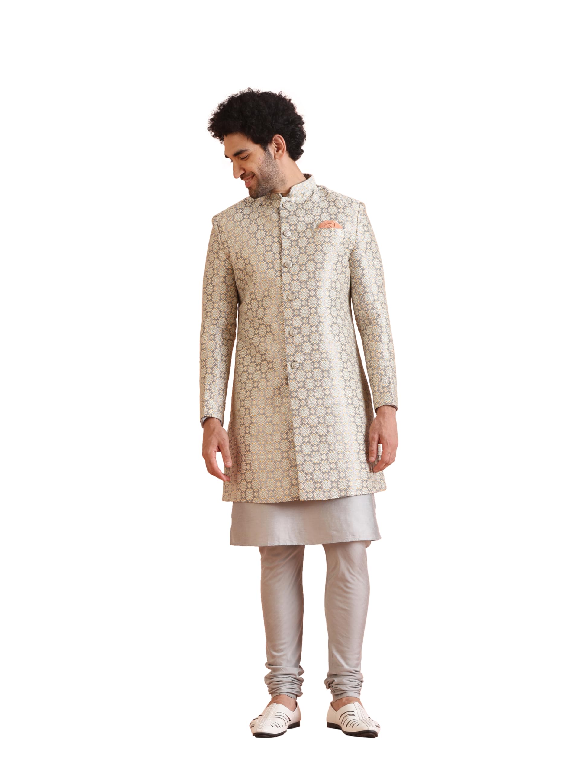 Men's Kurta Sherwani Churidar Set, Grey Silk Blend, Jacquard Regular Fit Mandarin Collar Long Sleeves
