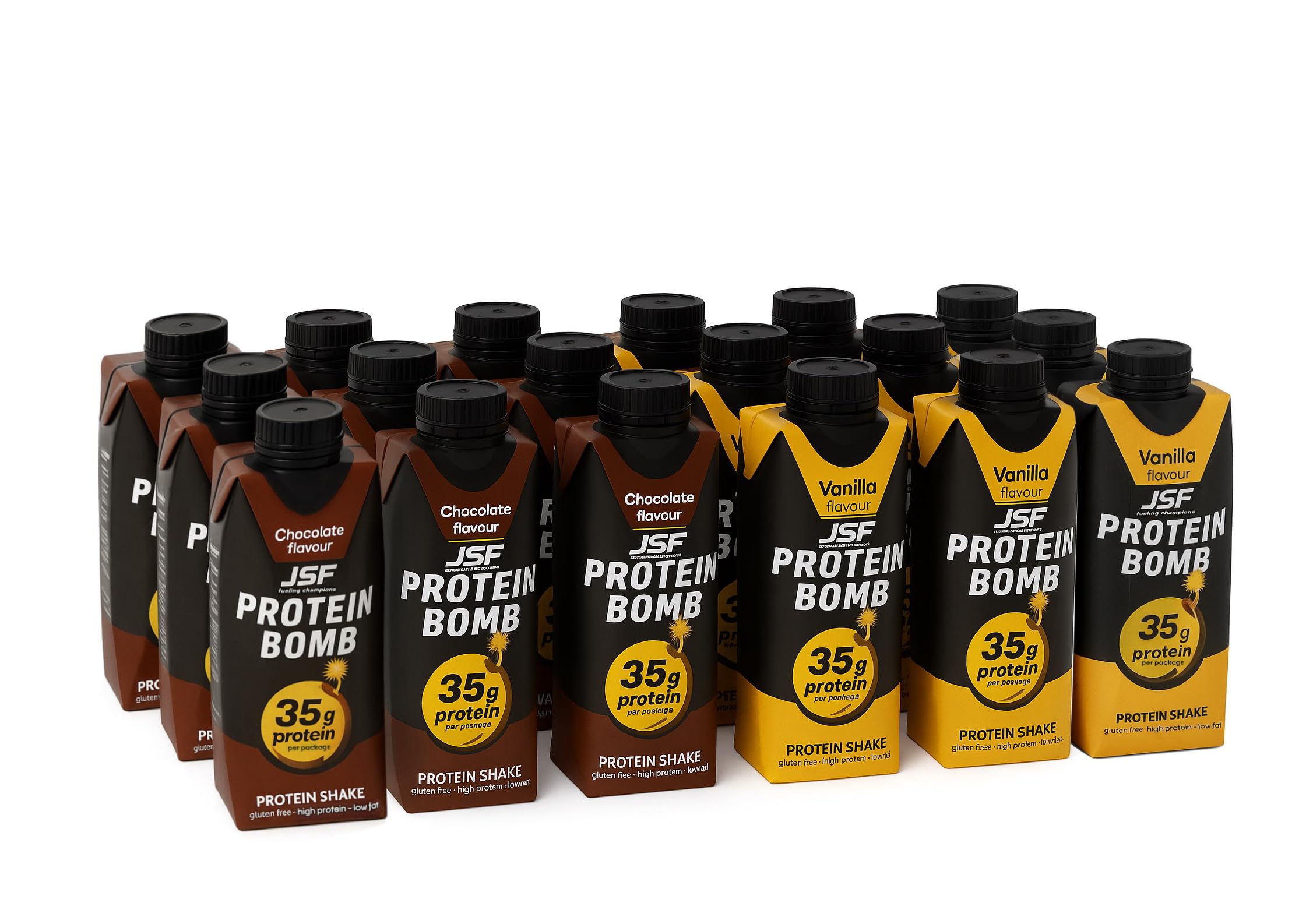 JSF fueling champions 18x Protein Shake 350 ml zestaw - 9x wanilia, 9x czekolada - bez dodatku cukru, 35 g białka, napój białkowy - bezglutenowy - posiłek do picia, zamiennik posiłku,