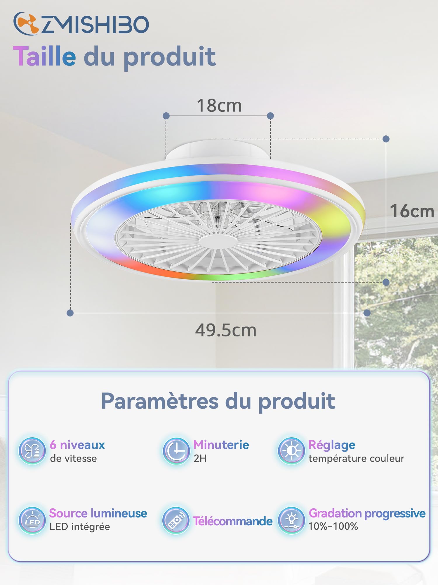 ZMISHIBO Ventilateur de plafond silencieux avec lumière 49,5 cm, sans pales, LED 32 W + moteur DC 16 W, 6 vitesses, 3 couleurs, APP & télécommande, minuterie, lampe ventilateur plafond blanche（RGB）
