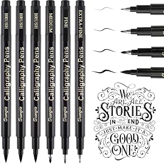 SAYEEC Calligraphy Brush Pens, 6 Pack Refillable Black Ink Hand Lettering Pen, 4 Size Calligraphy Brush Markers Set for Beginner Writing, Journaling, Sketching, Art Drawing, Illustration, Scrapbooking