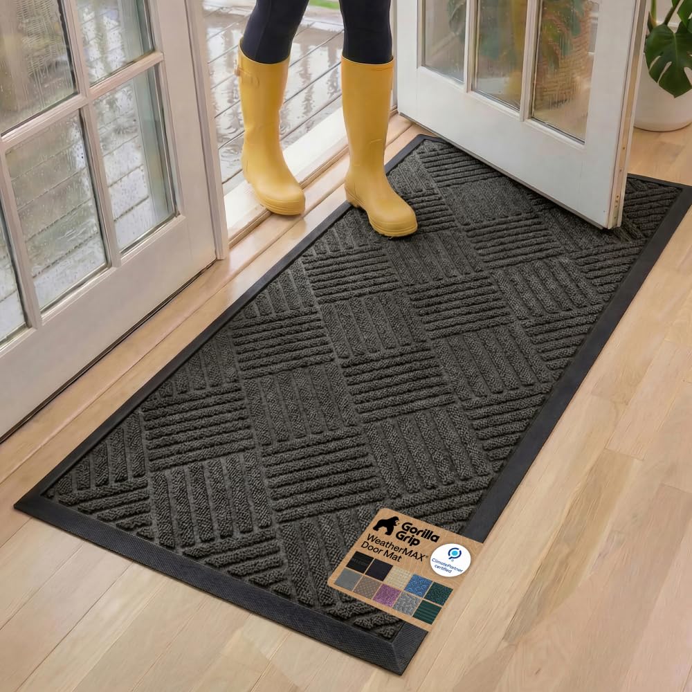 GORILLA GRIP 100% Waterproof All-Season WeatherMAX Doormat, 60x24, US Designed Natural Rubber, Stain and Fade Resistant, Low Profile Indoor Outdoor