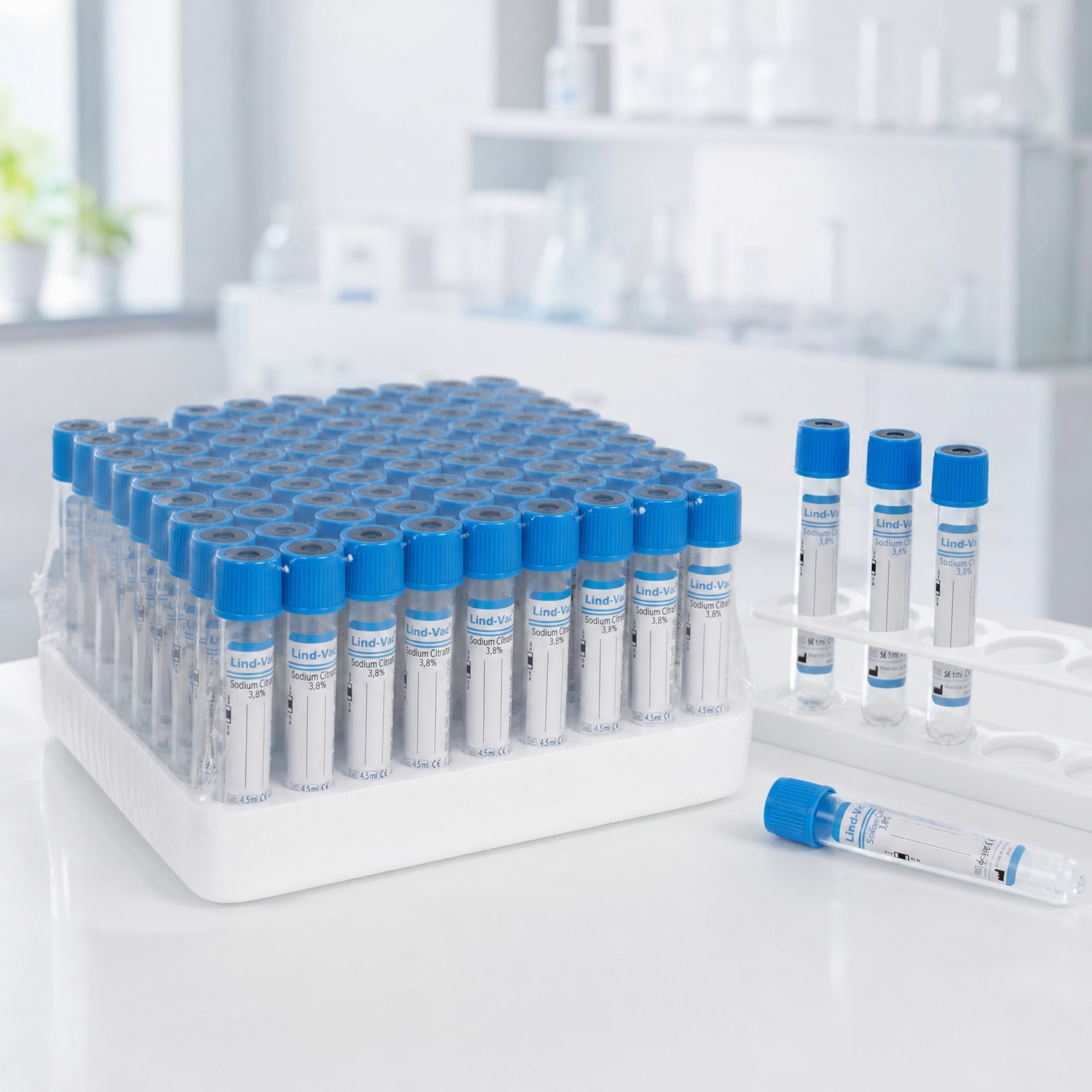 KMINA Tubos de Vacío (100 unidades) Citrato Sódico 3,8%, Aditivo Anticoagulante, 4,5 ml, 13 x 75 mm, Tapón Azul, Estériles, Para Muestras de Sangre, Uso Profesional