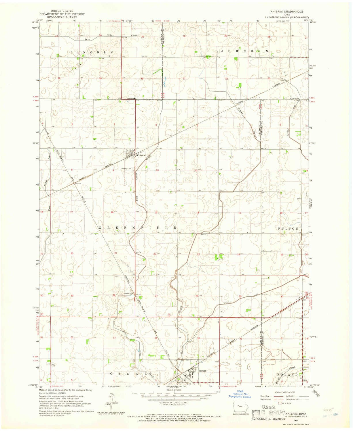 YellowMaps Knierim IA topo map, 1:24000 Scale, 7.5 X 7.5 Minute, Historical, 1965, Updated 1966, 27 x 22 in - Polypropylene