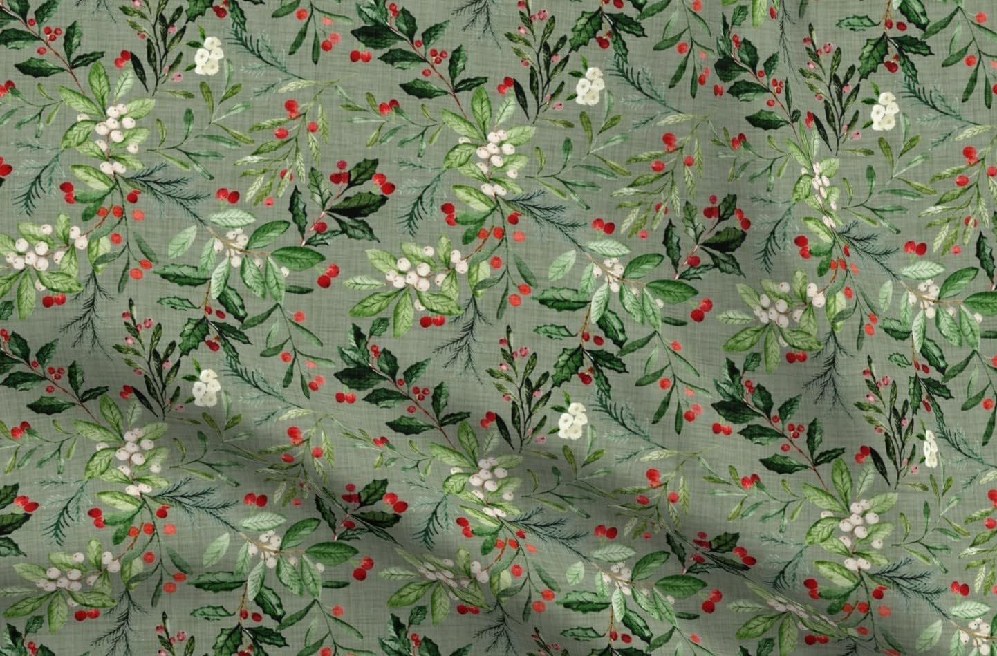 Spoonflower Fabric - Floral Winter Holiday Christmas Holly Fall Xmas Florals Sage Printed on Upholstery Velvet Fabric Fat Quarter - Upholstery Home Decor Bottomweight Apparel