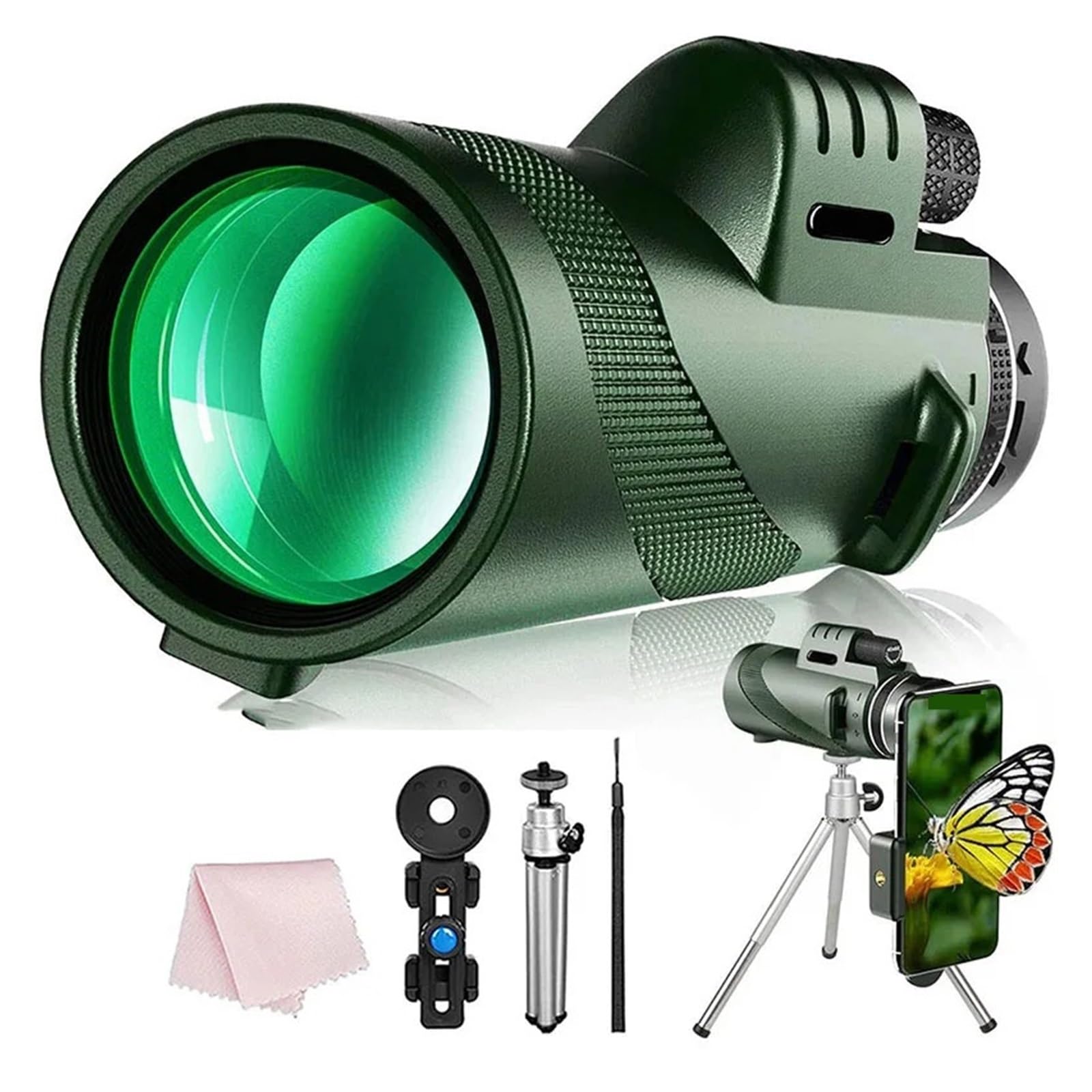 Télescope Monoculaire 80x100 HD, Zoom Longue Portée De 8000M, Prisme Bak4, avec/sans Trépied, Clip Téléphone, Chasse, Camping en Plein Air Grossissement HD(Green with Tripod)
