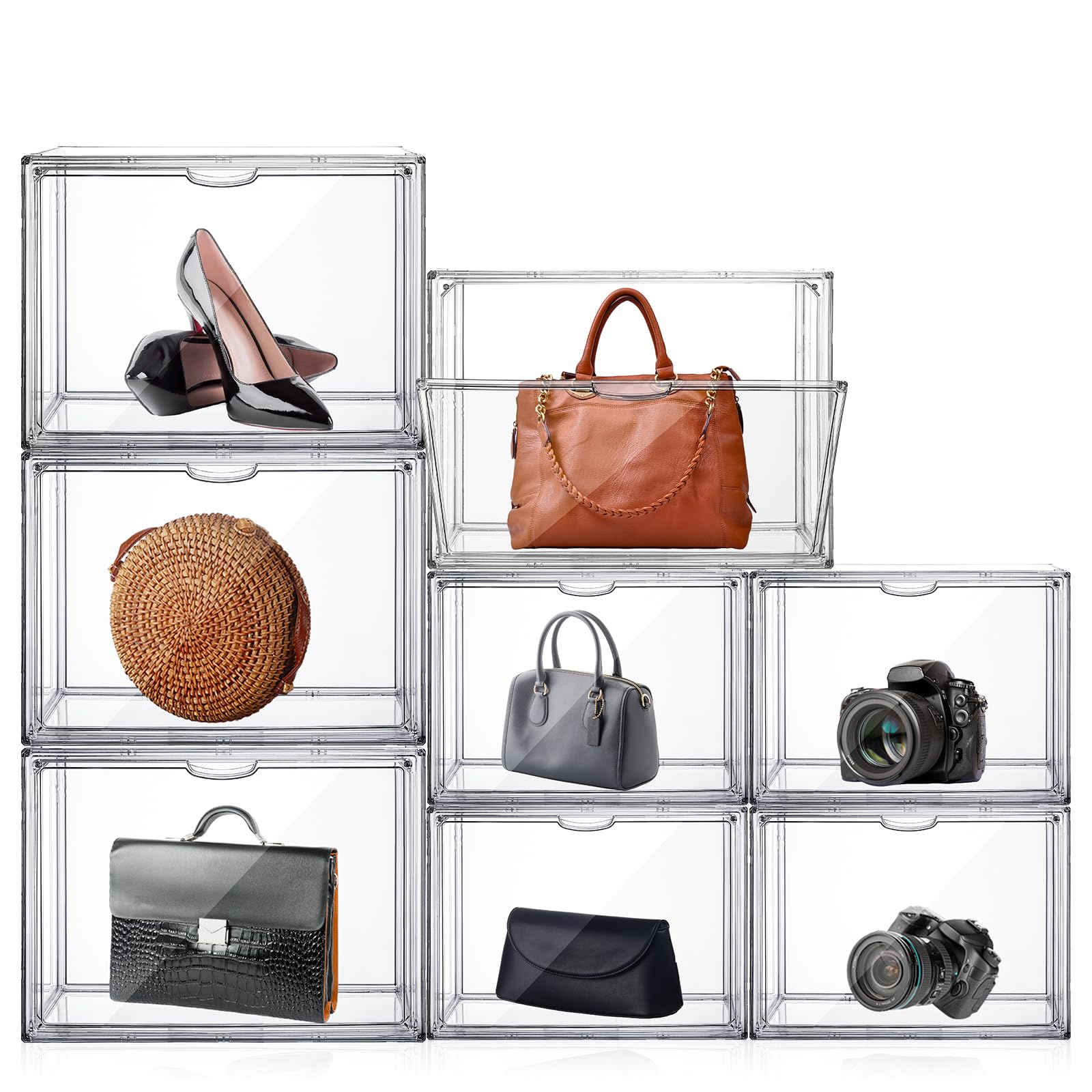 Geetery 8 Pcs Assorted Size Acrylic Display Case with Magnetic Door Clear Purse Handbag Storage Box Plastic Storage Organizer for Closet Stackable Shoe Dustproof Showcase Wallet Book Toy Clutch