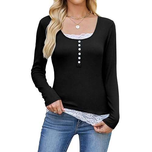Y2k Shirt Women Long Sleeve Button Lace Patchwork Tshirt Tops