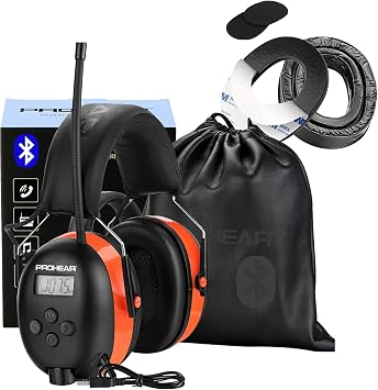 PROHEAR 033 Bluetooth Hearing Protection Headphones with FM AM Radio - Rechargeable - 25dB NRR Gel Ear Pads