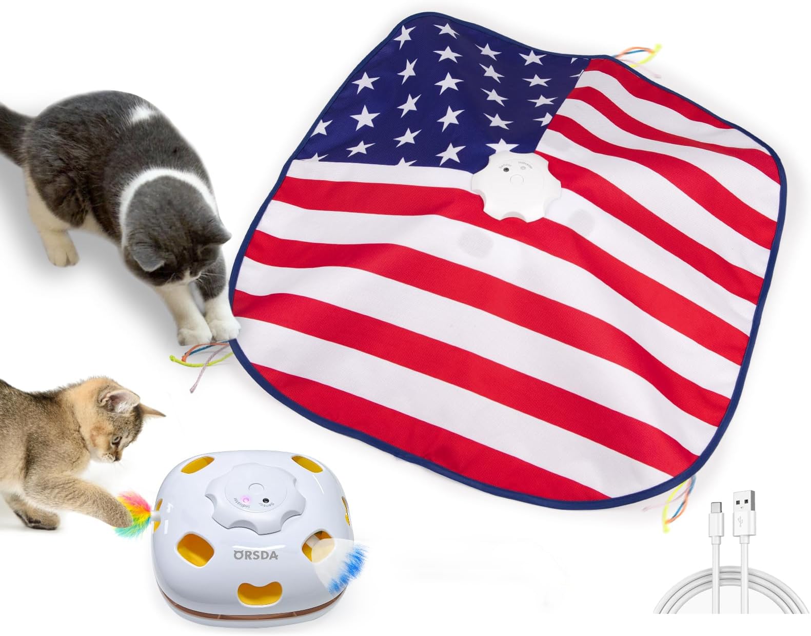 ORSDA Interactive Cat Toys for Indoor, 4 in 1 Automatic Cat Toy for Kitten, Rechargeable Smart Teaser Toys, Moving Ambush Feather, 8 Holes Mice Whack-A-Mole, Hide the Seek