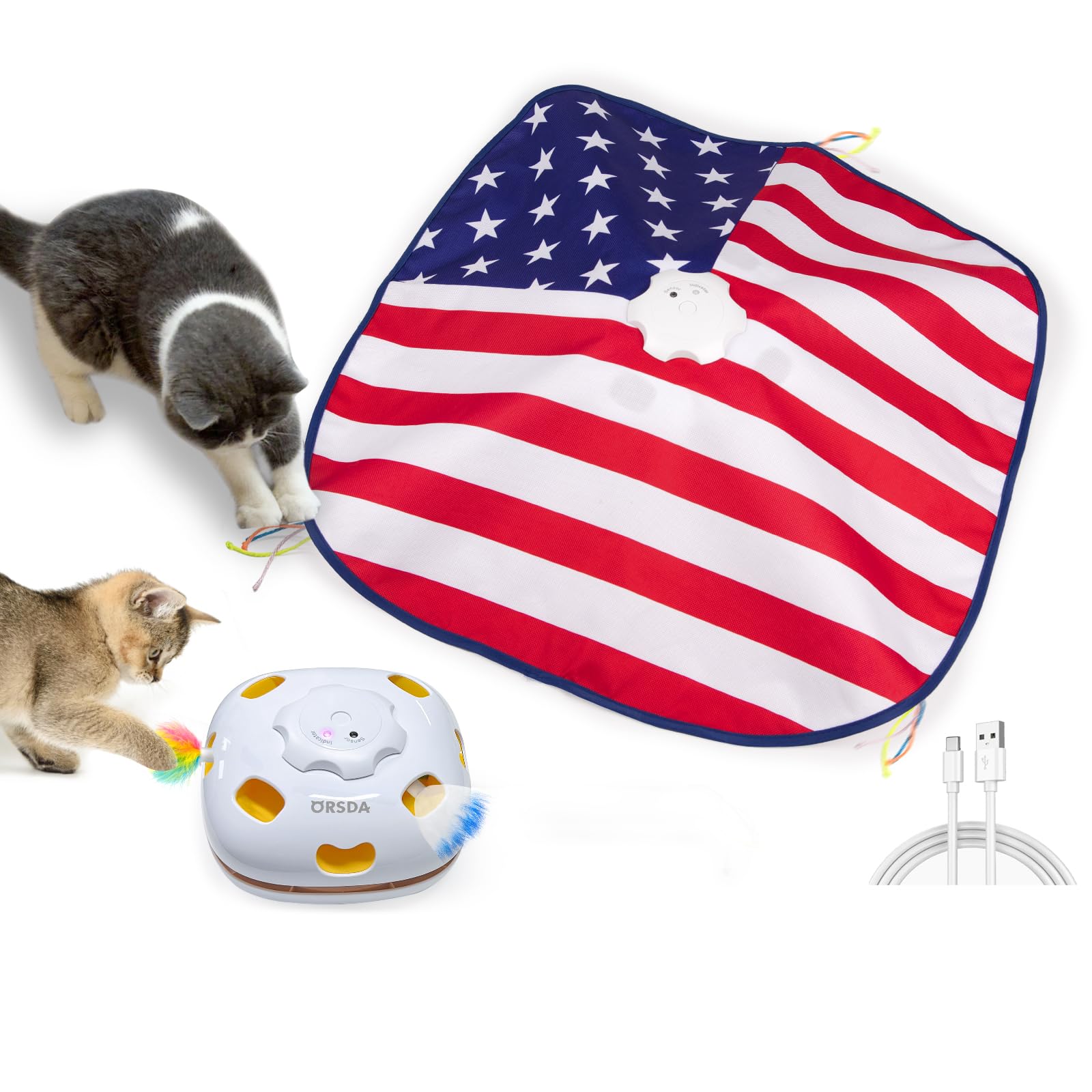 ORSDA Interactive Cat Toys for Indoor, 4 in 1 Automatic Cat Toy for Kitten, Rechargeable Smart Teaser Toys, Moving Ambush Feather, 8 Holes Mice