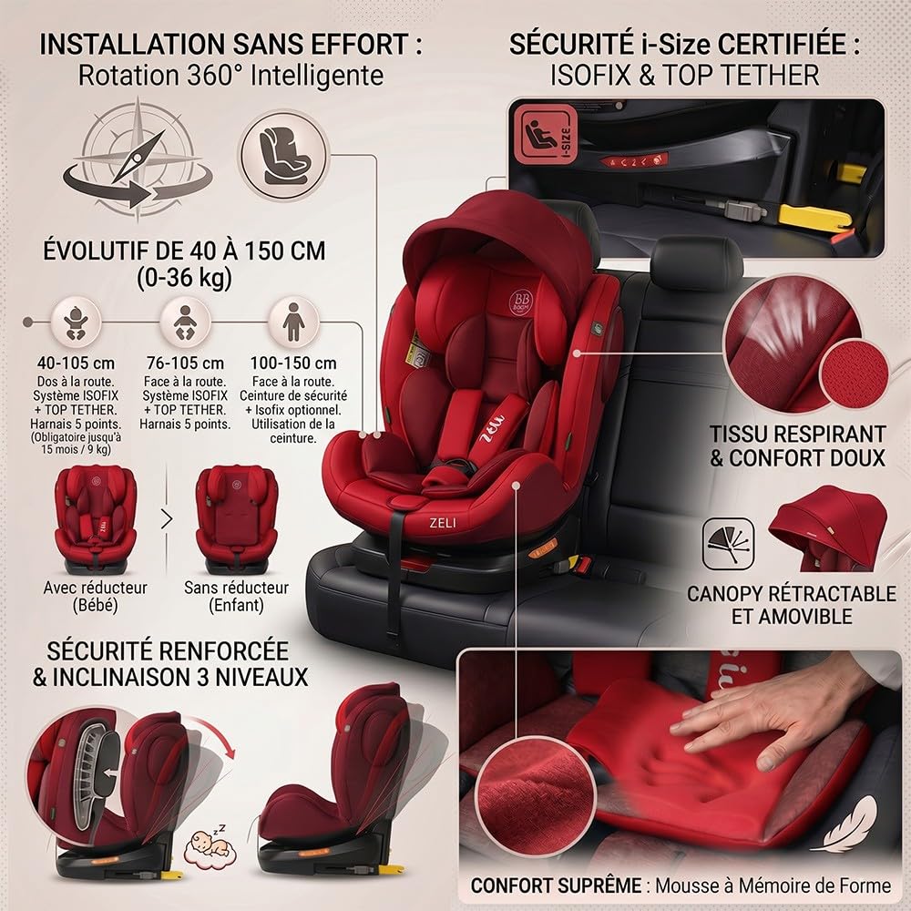 Seggiolino auto girevole a 360° ZELI - i-Size evolutivo da 40 a 150 cm (0-36 kg) - Isofix & Top Tether Rosso con baldacchino