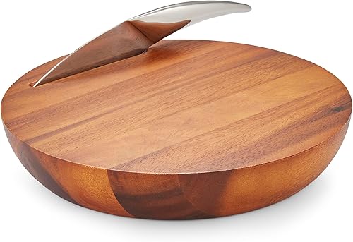 Nambe - Tabla de quesos de armonía de madera de acacia natural con cuchillo de acero inoxidable (12.25 x 2.25 pulgadas), tablero incluye soporte