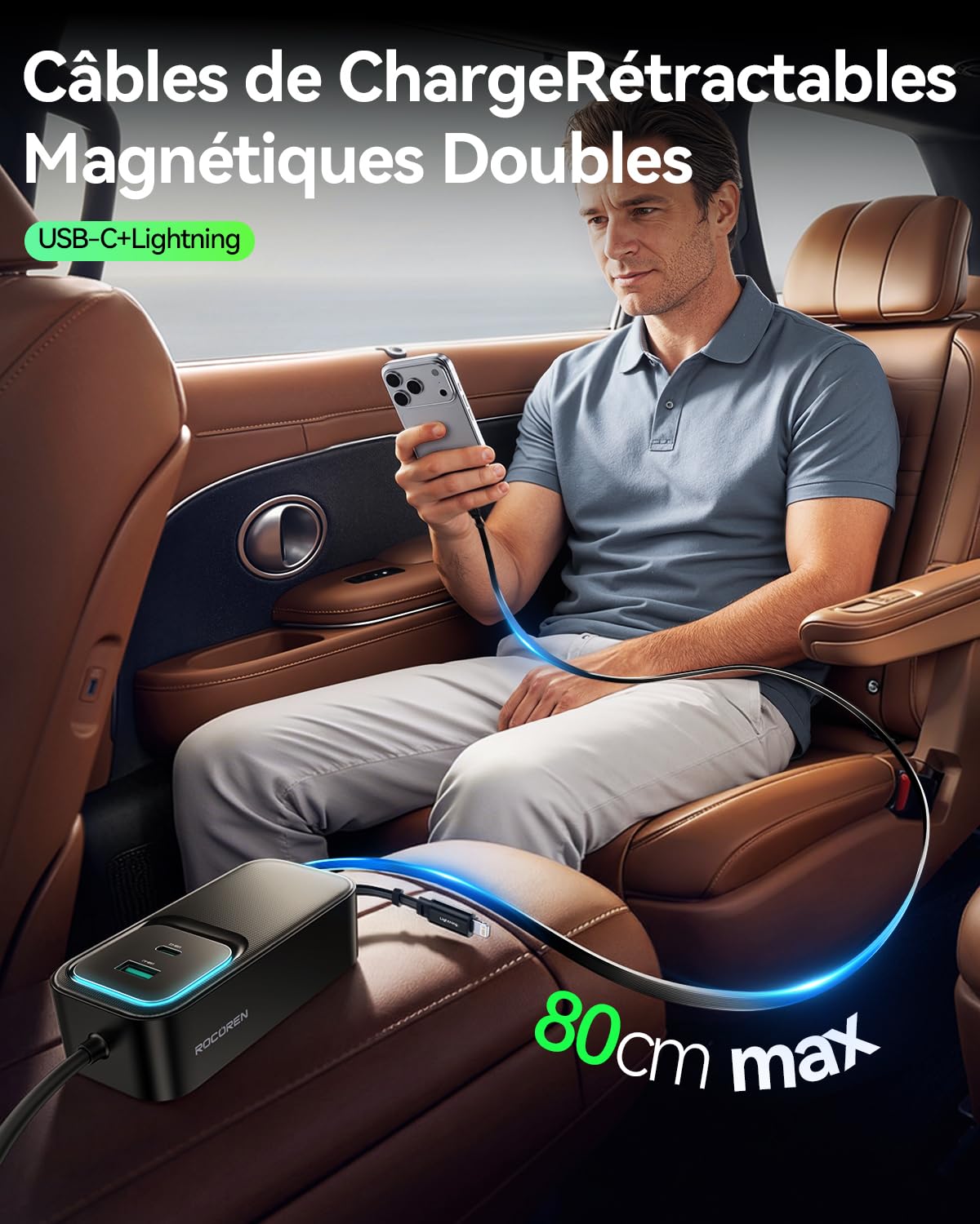 Rocoren Chargeur Voiture 135W Rétractable 6-en-1, Allume-Cigare 12-24V câble 1,5m. Charge Rapide PC Portable, téléphone, Tablette. Accessoire Auto Parfait Voiture, Camping-Car, Caravane & Voyages