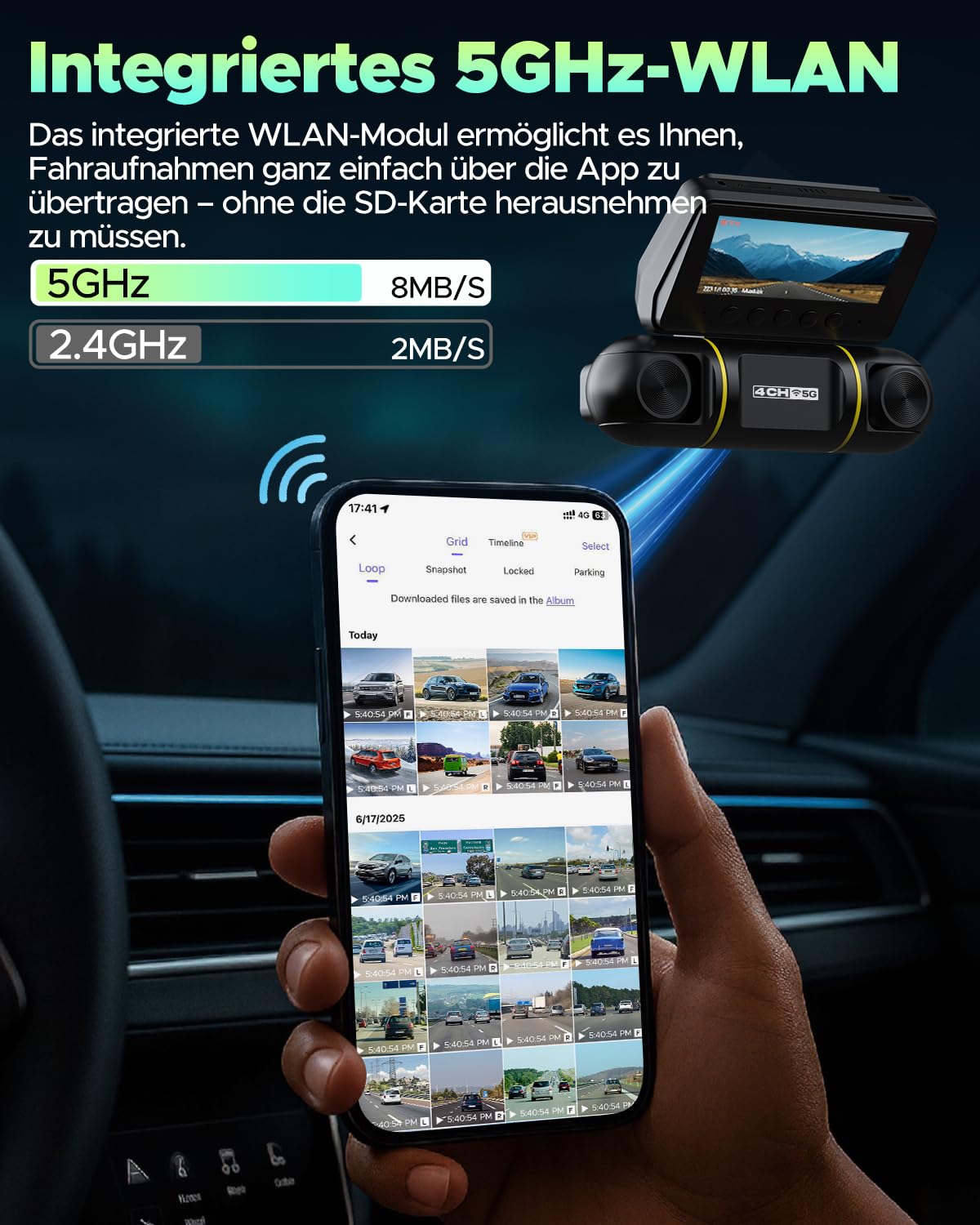 LAMTTO 4 Kanal Dashcam Auto 360° für Vorne Hinten Innen mit Hardwire-Kit, WiFi Dash Kamera für Auto mit 5G WLAN & App, Autokamera mit G-Sensor Parküberwachung und IR-Nachtsicht | WiFi Dash Kamera für Auto mit 5G WLAN & App, Autokamera mit G-Sensor Parkü