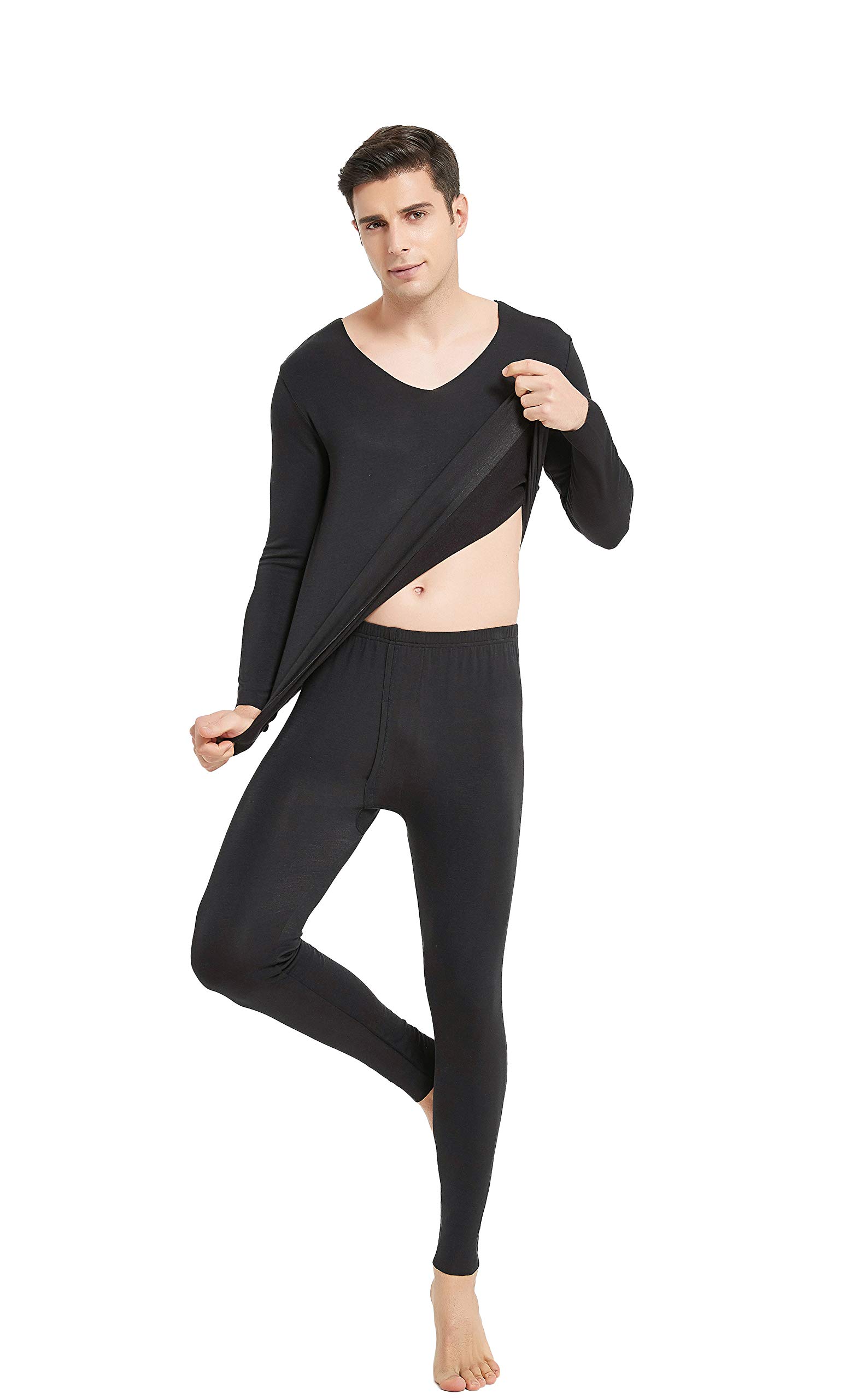 Two Piece Cotton Thermal Underwear Suit Silk Sleepwear Black L