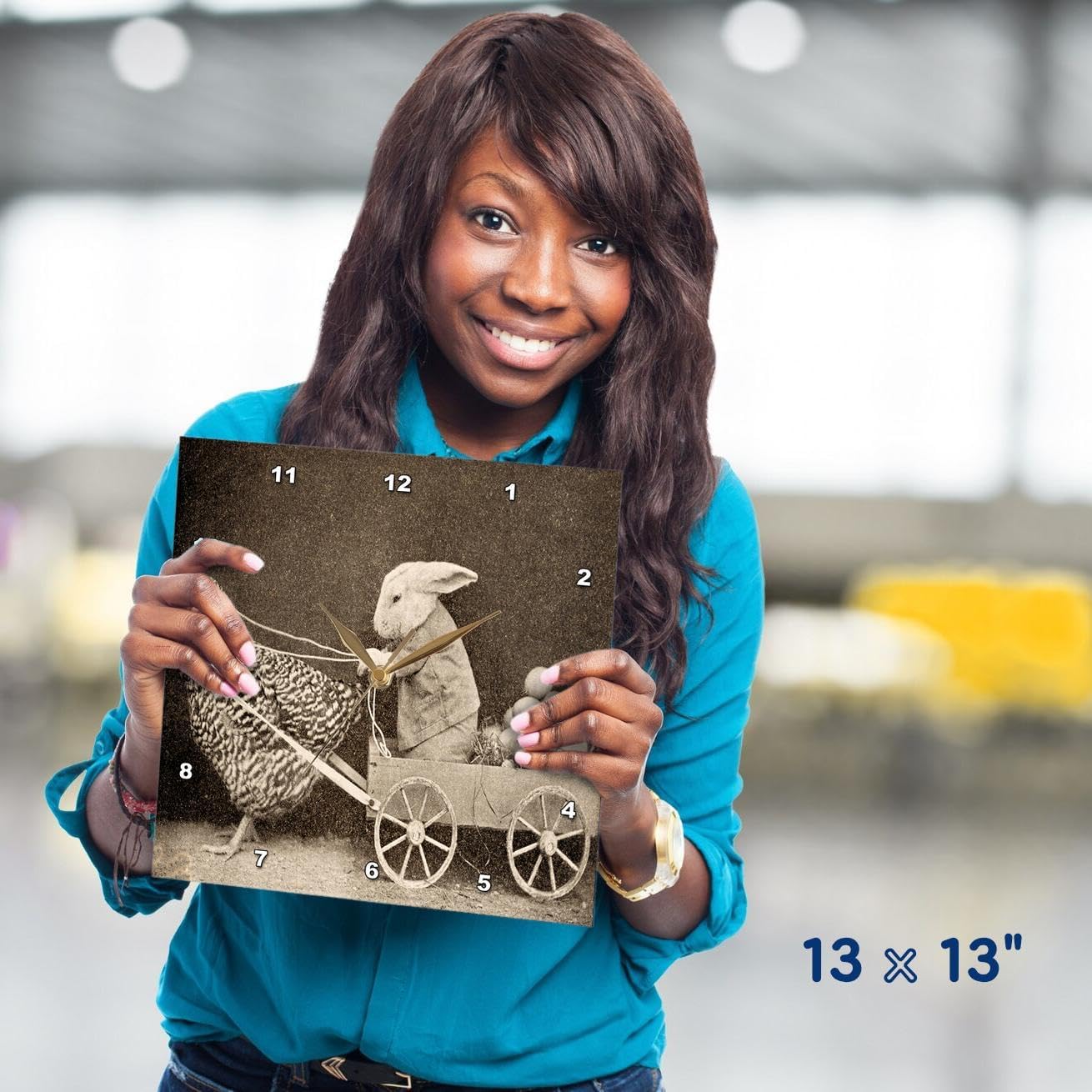 3dRose DPP_37253_2 Victorian Photo Rooster Pulling Bunny-Wall Clock, 13 by 13-Inch