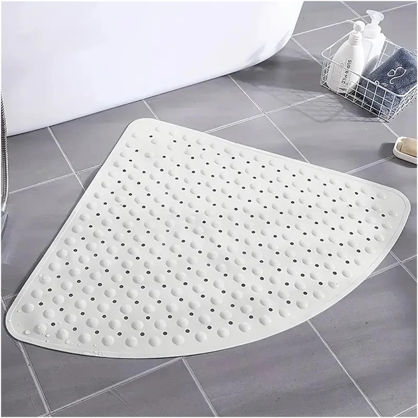 PVC Corner Bath Mat with Suction Cups Drain Holes 21x21in for Shower Bathtub(Beige)