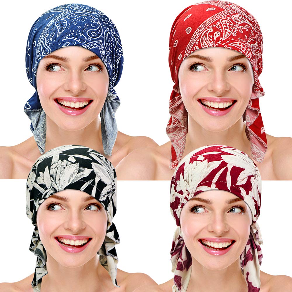 Samserot3 Pieces Women Chemo Hat Turban Beanie, Pre-Tied Headwraps Headwear Bandana for Hair Loss