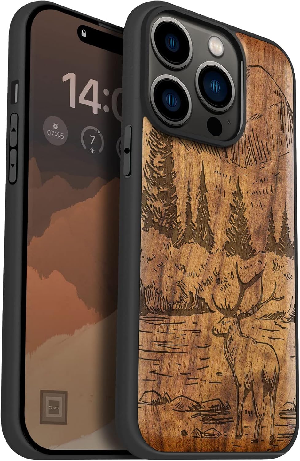 Carveit Magnetic Wood Case for iPhone 14 Pro Case [Natural Wood & Black Soft TPU] Shockproof Protective Cover Unique Wooden Case Compatible with magsafe (Mountains and Deer -Walnut)