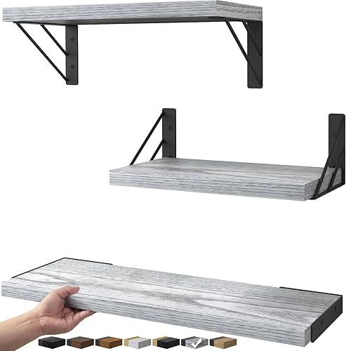 Miniatura 29 de BAYKA Estantes de pared para decoración de dormitorio, estantes flotantes para sala de estar, cocina, estantes flotantes montados de madera rústica