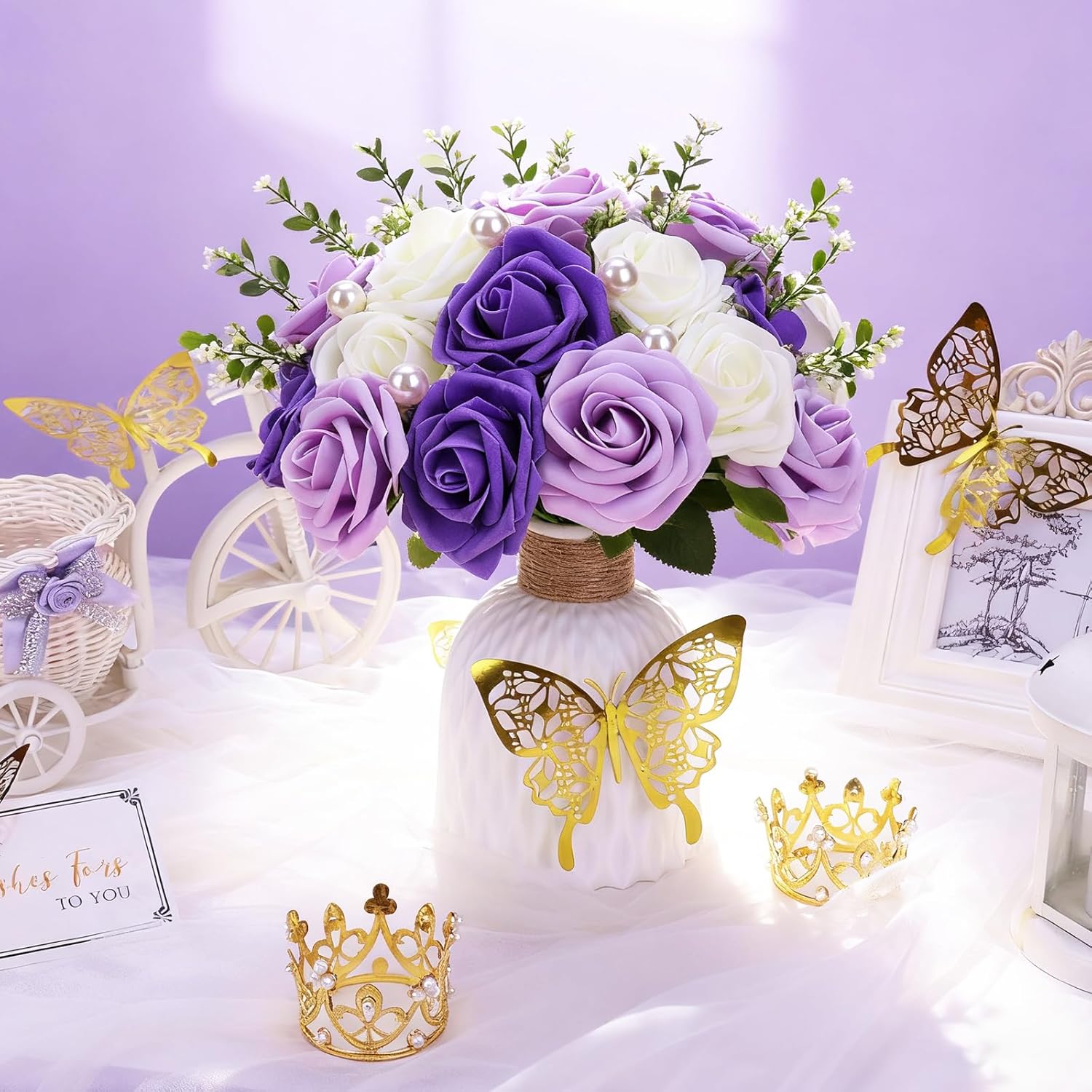 Valentine's Day Purple Flower Bouquet Kit, Artificial Purple Rose Bouquet Everlasting Flowers Fake Bouquet for Valentines, Anniversary, Engagement, Wedding, 24 Roses - Image 3