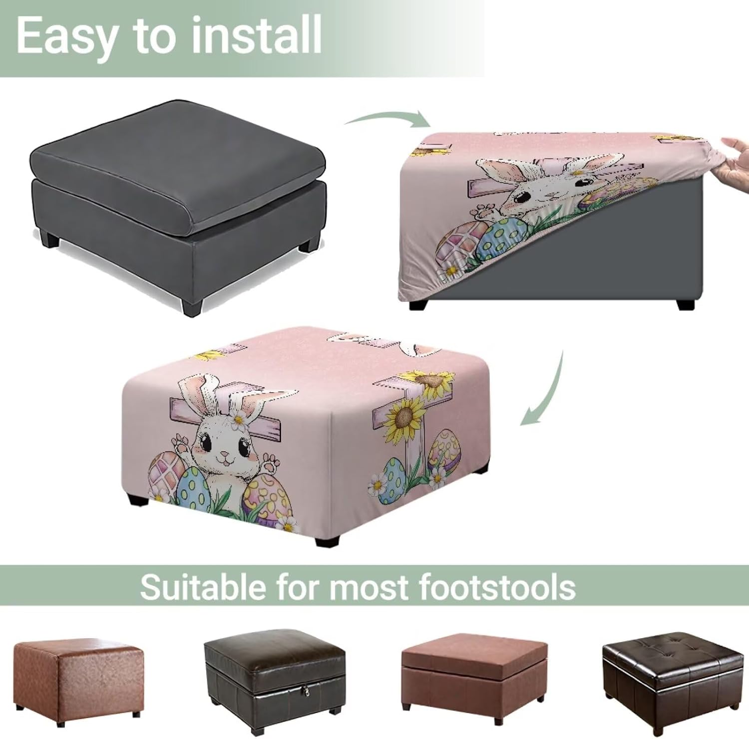 Easter Egg Bunny Cross Machine Washable Square Ottoman Cover 22x22 Non Slip Small Square Foot Stool Covers Stretch to Fit Removable Footrest Stool Sofa Slipcovers Folding Storage Footstool