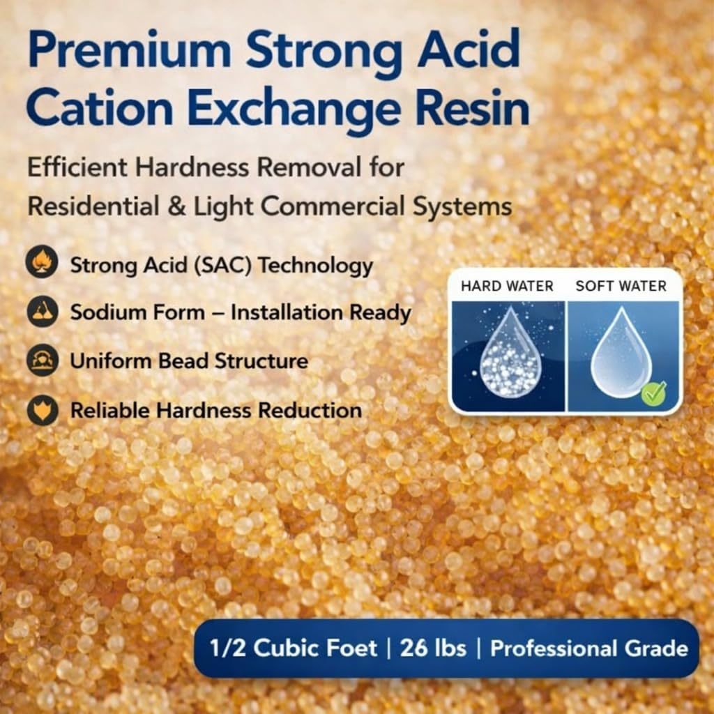 Cation Exchange Resin 1/2 Cubic Foot (28 lbs) – Sodium Form Water Softener Resin – Strong Acid Premium Grade – Boxed UPS Ready – WQA Gold Seal Certified