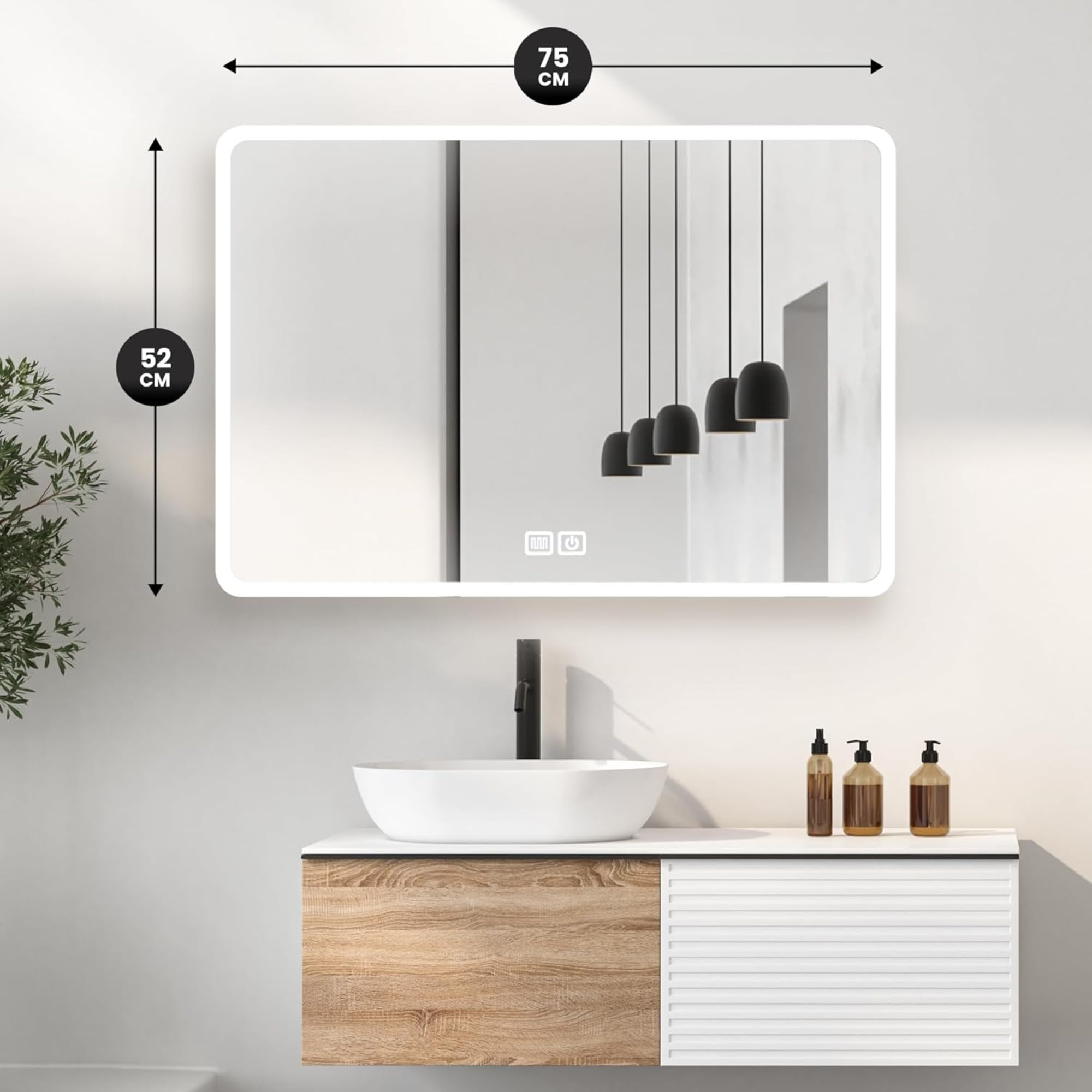 Bayt LED Badspiegel mit Beleuchtung 52x75cm - 3 Farb dimmbarer LED Badspiegel | Anti-Beschlag Illuminierter Wandspiegel | Moderner rechteckiger Wandspiegel für das Badezimmer