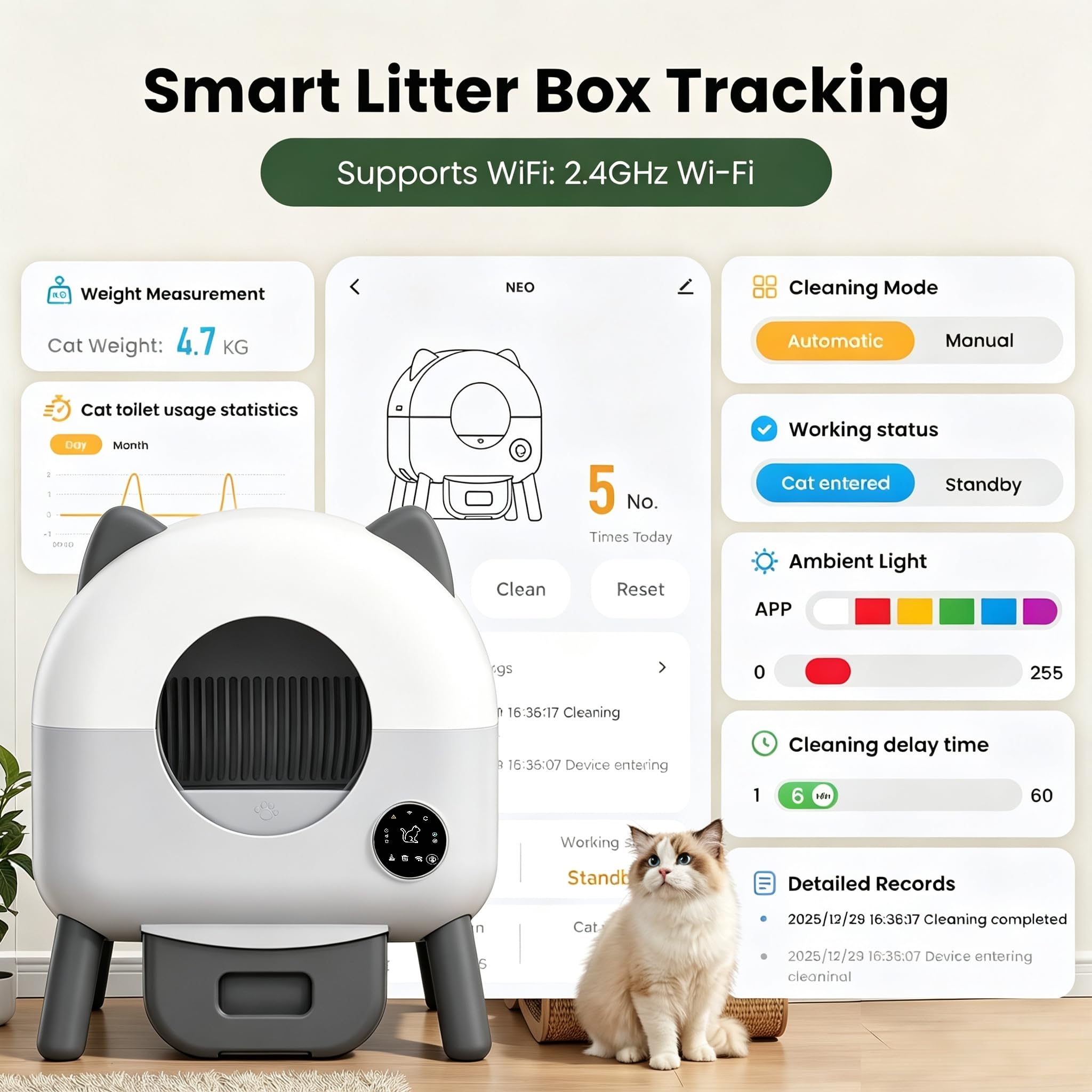Lettiera per gatti autopulente, 89 l, autopulente, controllata tramite app, sensori di sicurezza, controllo degli odori, lettiera automatica per più gatti, luce notturna a LED, 1 rotolo di sacchetti