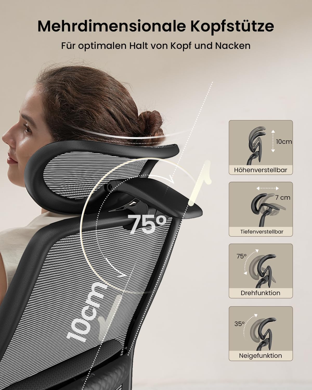 ProtoArc EC200 Ergonomischer Bürostuhl mit Verstellbarer Sitztiefe, Schwarz | Schreibtischstuhl Lendenwirbelstütze Höhen- und Tiefenverstellbarer, 3D-Kopfstütze, 55D-Schaum, Mesh Computerstuhl Homeoffice