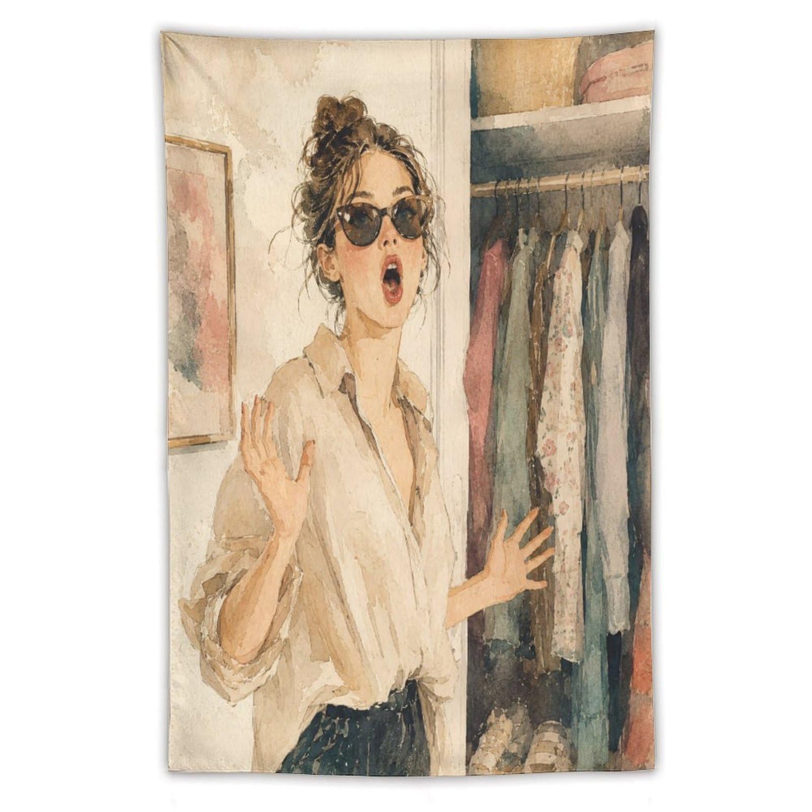 H3B8U2Y5 Fashion Woman in Closet Wall Tapestry, Oil Painting, Backdrop