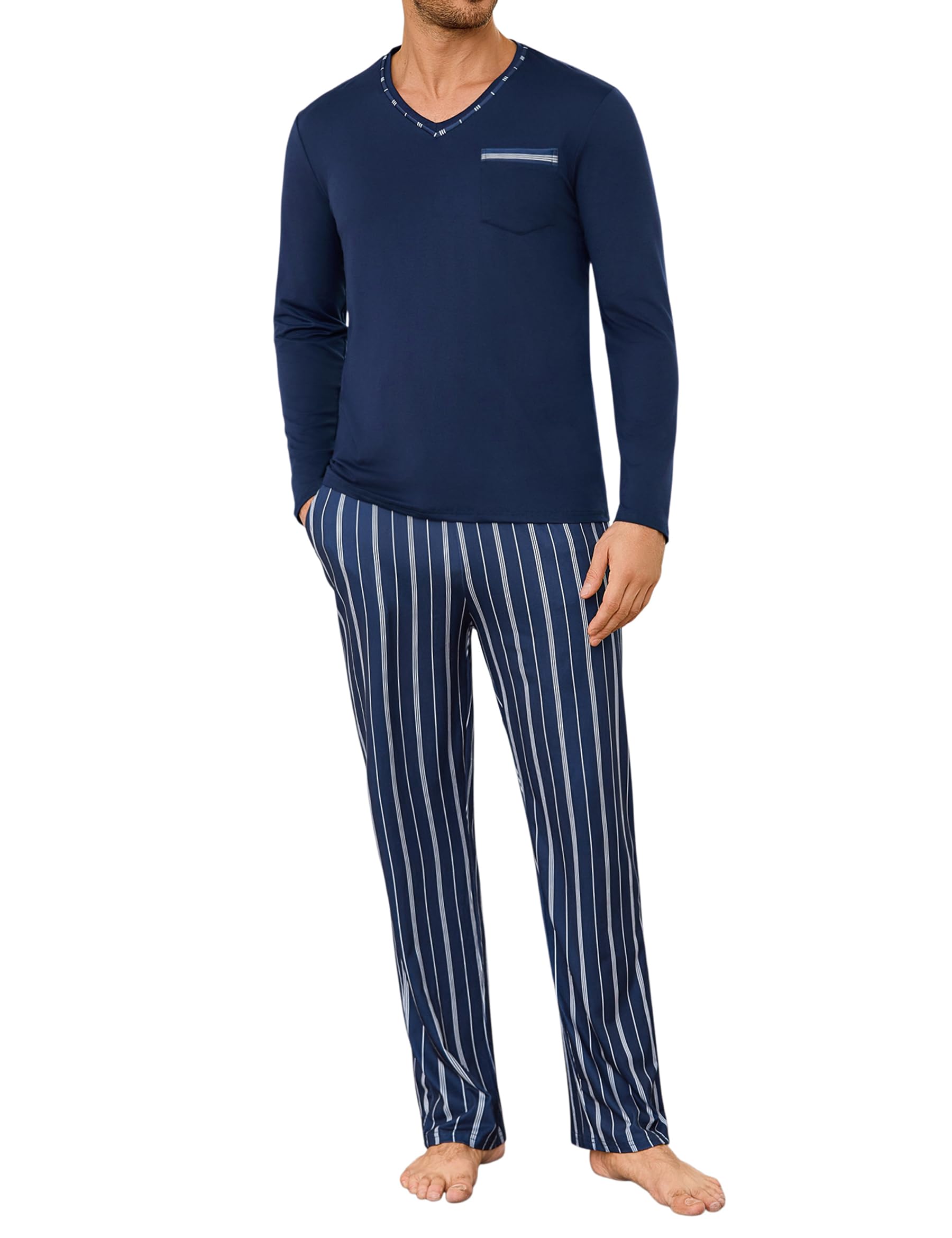 Demegimi Pijamas para Hombre Invierno de Manga Larga Algodón Conjunto de Cuello Redondo Ropa de Dormir 2 Pieza