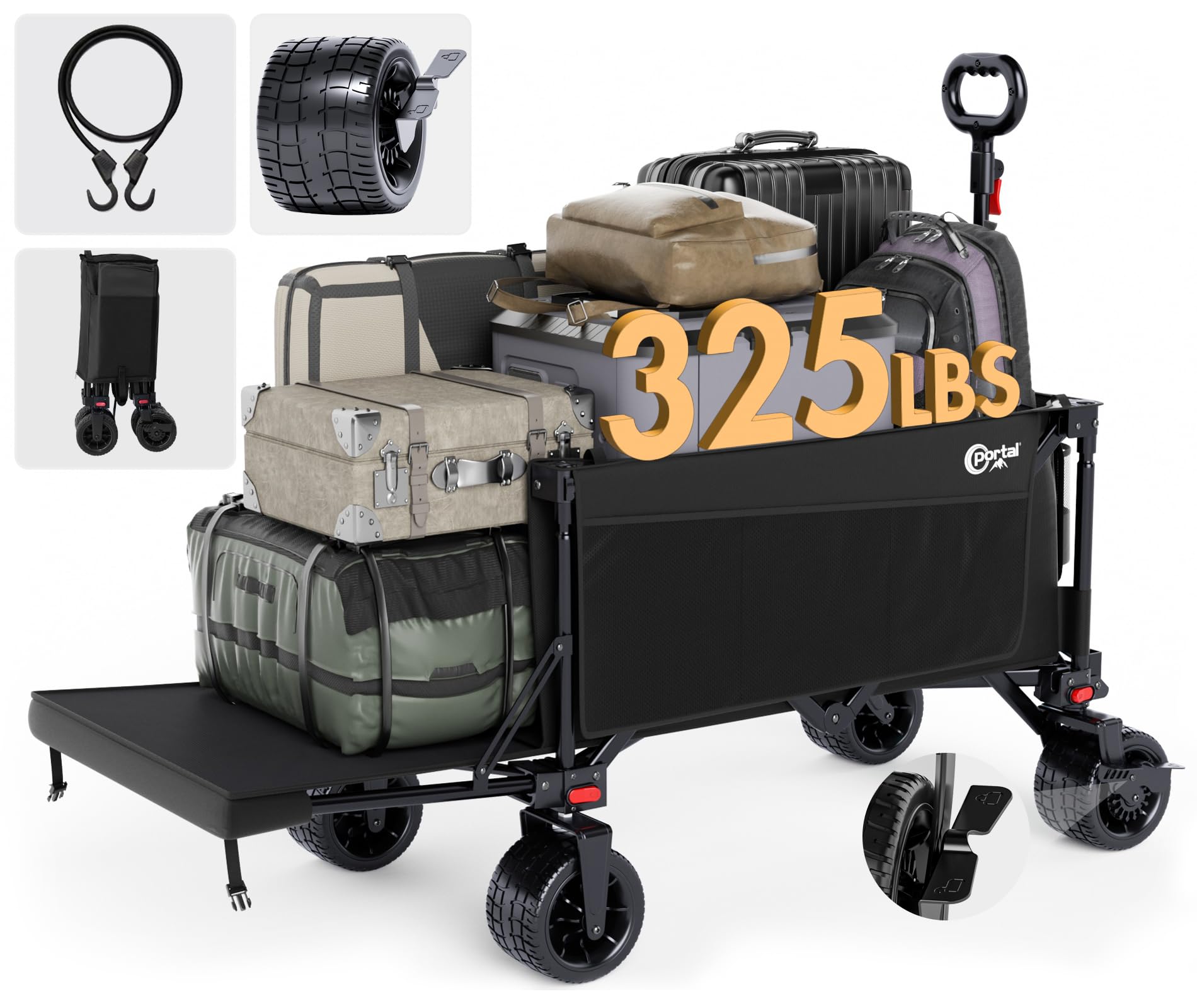 PORTAL 300L Large Capacity Foldable Wagon with Tailgate, 325LBS Collapsible Folding Utility Wagon with Big Wheels, Oversized Heavy Duty Garden Cart with Brakes for Camping, Grocery, Sports