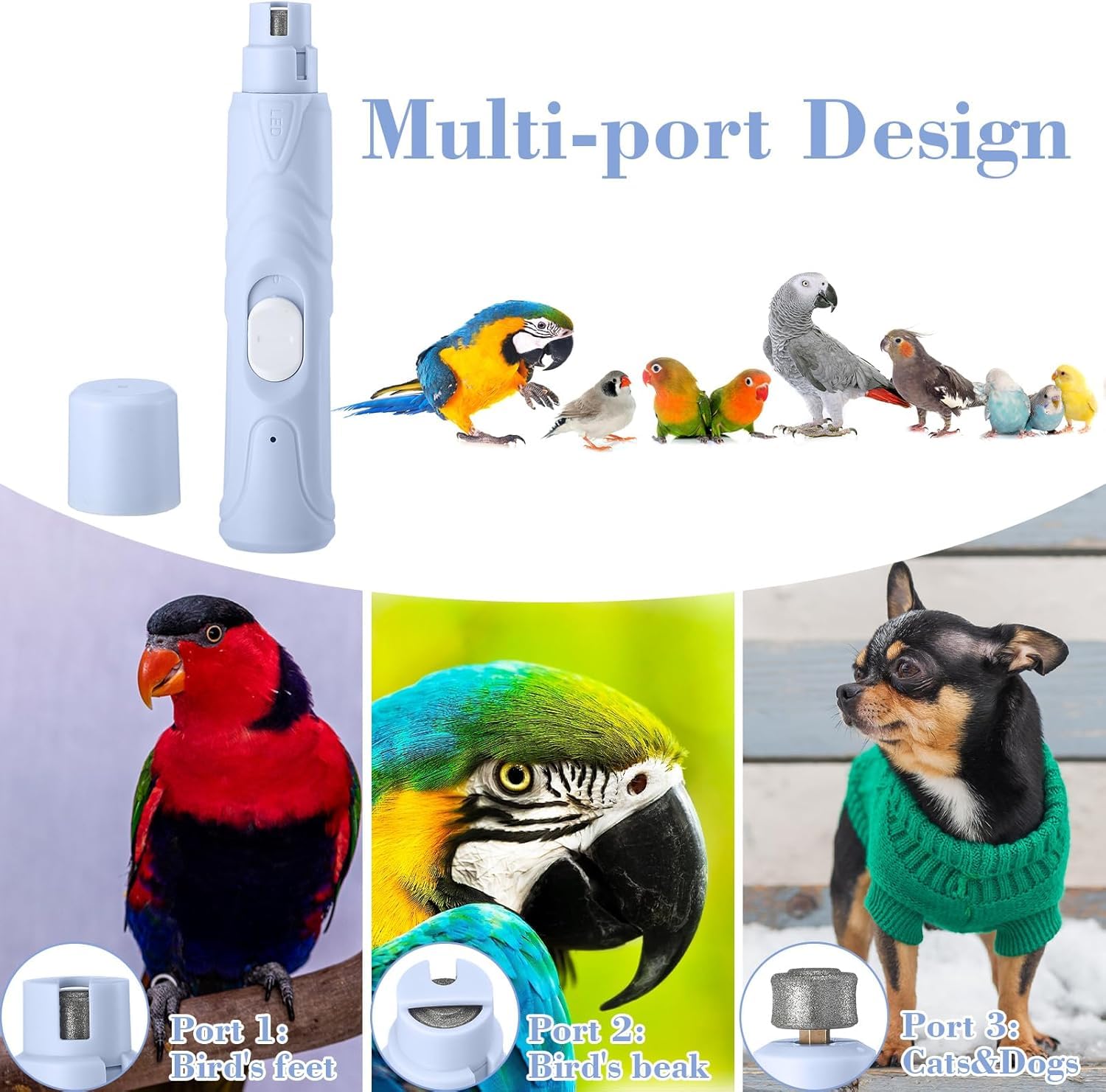 Yukaione Electric Nail Grinder with LED Light for Birds & Small Animals | 3-in-1 Nail Care Kit with Nail File & Clipper | Safe and Quiet Grooming Tool for Hamsters, Rabbits, and Other Small Pets