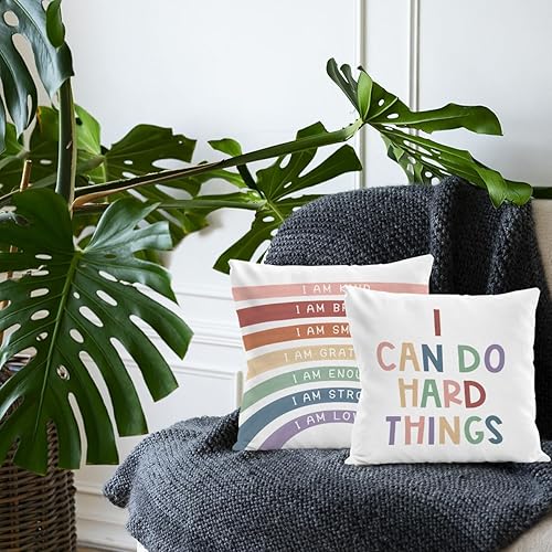 Miniatura 2 de Juego de 2 fundas de almohada con texto en inglés "Rainbow Class", fundas de almohada con texto en inglés "I Can Do Hard Things", fundas de almohada