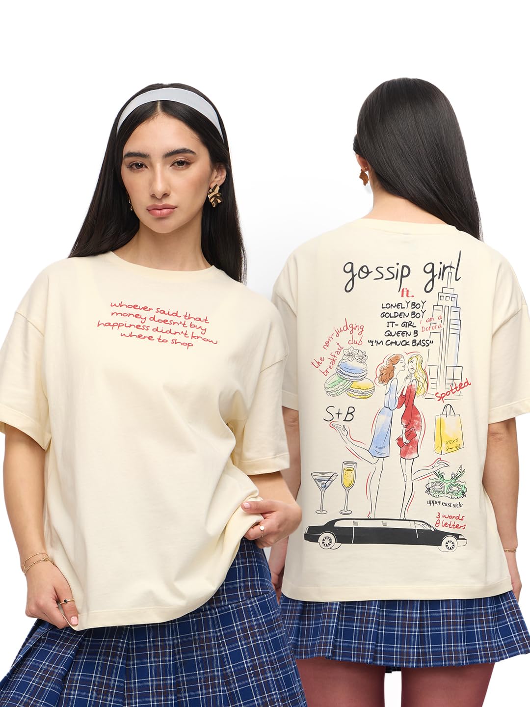 the souled store Gossip Girl: Doodle Women and Girls Short Sleeves Round Neck Off White Graphic Printed Cotton Oversized T-Shirts-picture-34