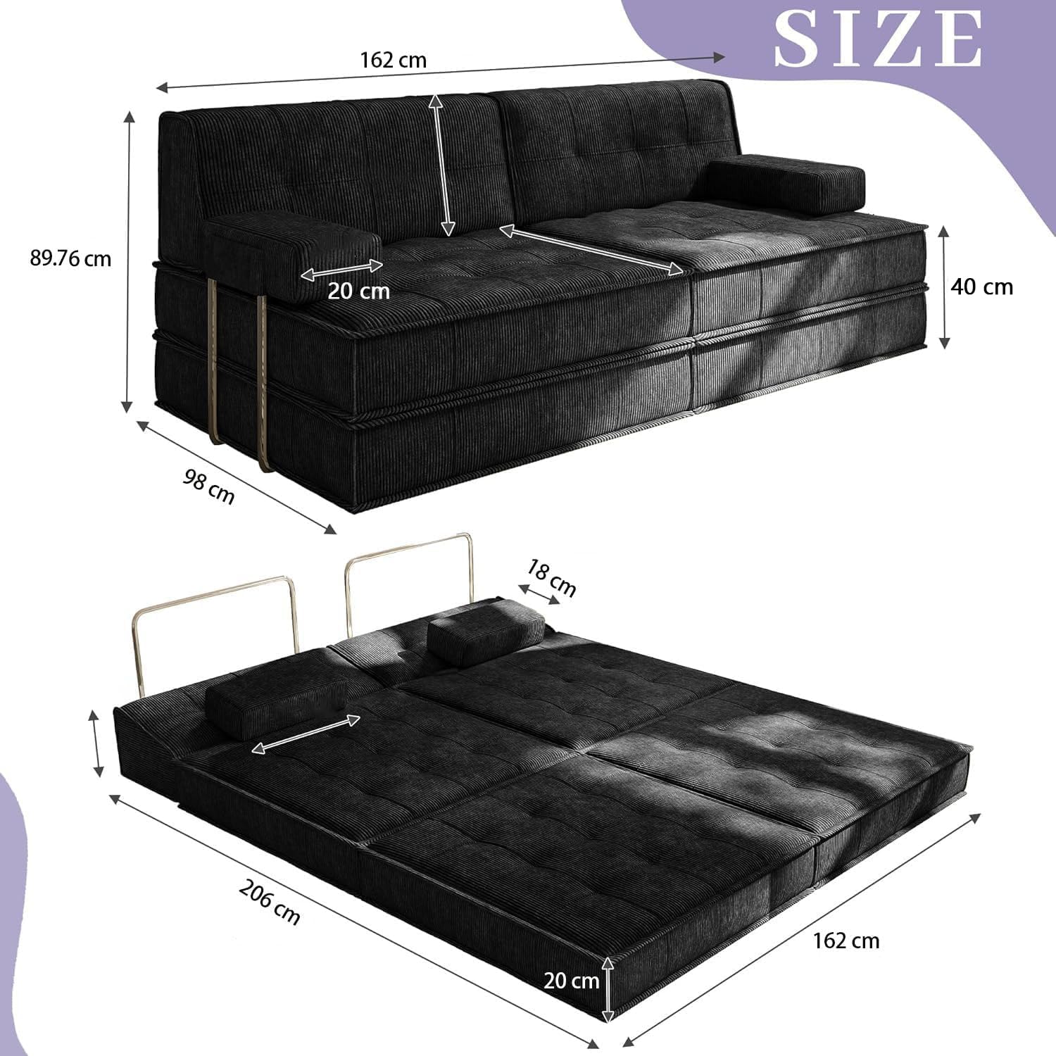 6 in 1 Schlafsofa 160x100cm,Klappbare Matratze 200x160cm mit festem Rahmen, Bequemer Ausklappbarer Futon, 4-Sitzer Gästesofa modularer Loveseat für Wohnzimmer (Schwarz)