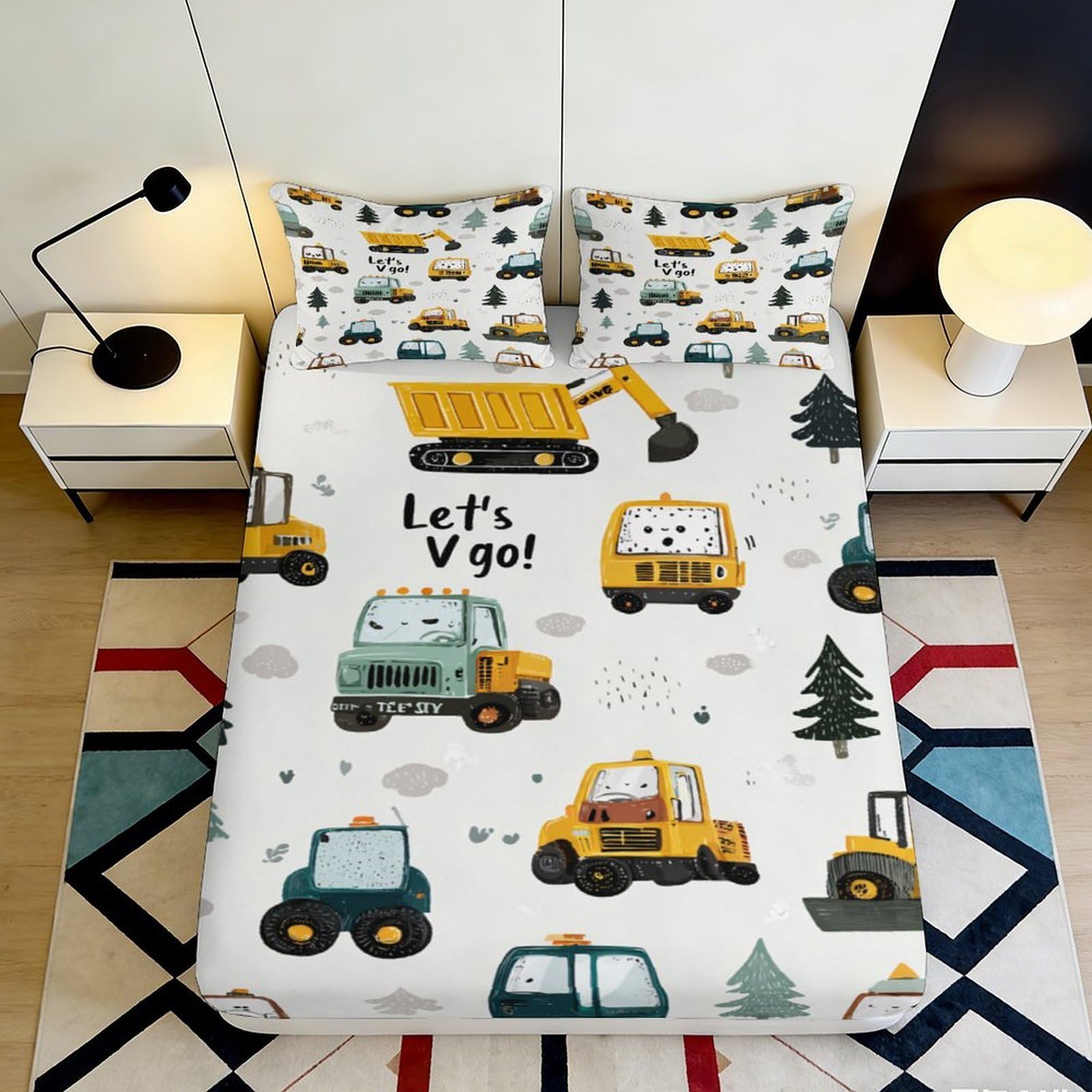 3D Printed Construction Vehicles Fitted Sheet Microfiber Anti-Slip Cartoon Trucks Mattress Cover Bedroom Decor 90x200x25cm