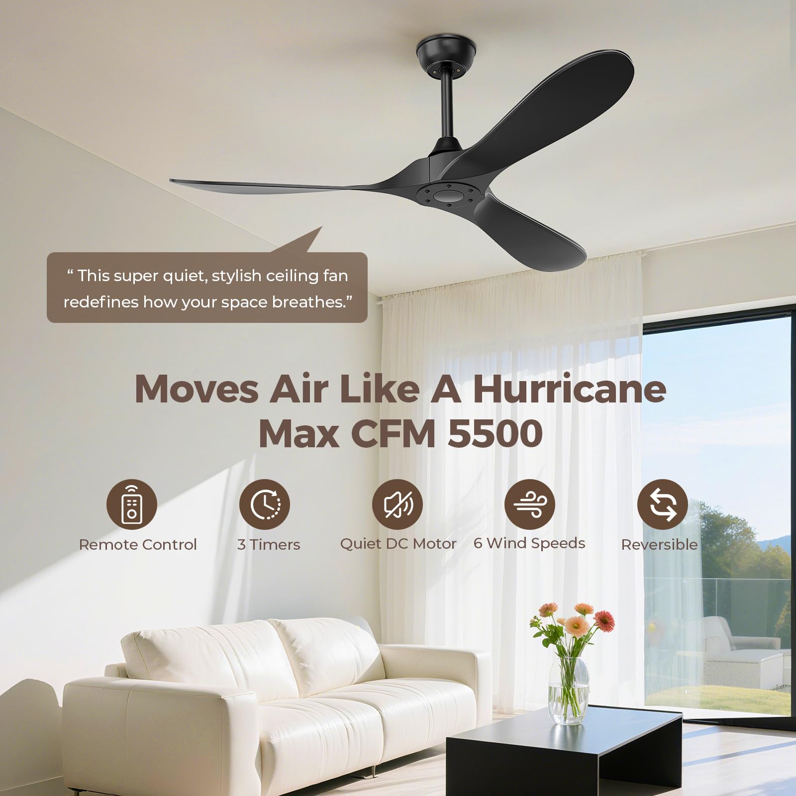 Obabala Ventilatore da soffitto nero per esterni, 132 cm, senza luce, con telecomando, 3 pale, motore DC reversibile a 6 velocità, moderno per cortili, soggiorno,