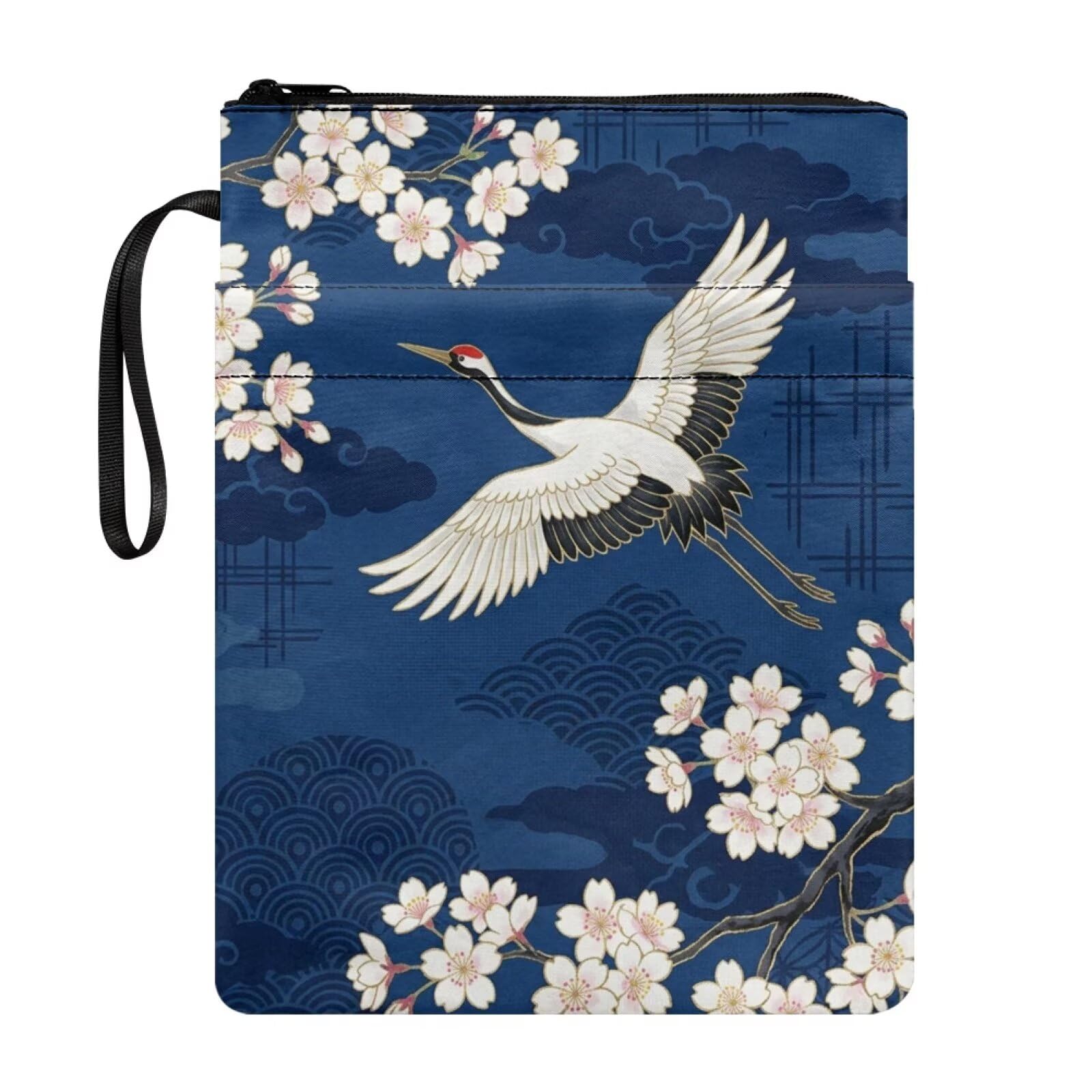 Poceacles Book Covers for Hardcover Traditional Asian Aesthetic Portable Bible Pouch Book Sleeve with Zipper and Extra Pocket for Women Men Boys Girls, Japanese Crane Cherry Blossom Pattern Blue — image 1